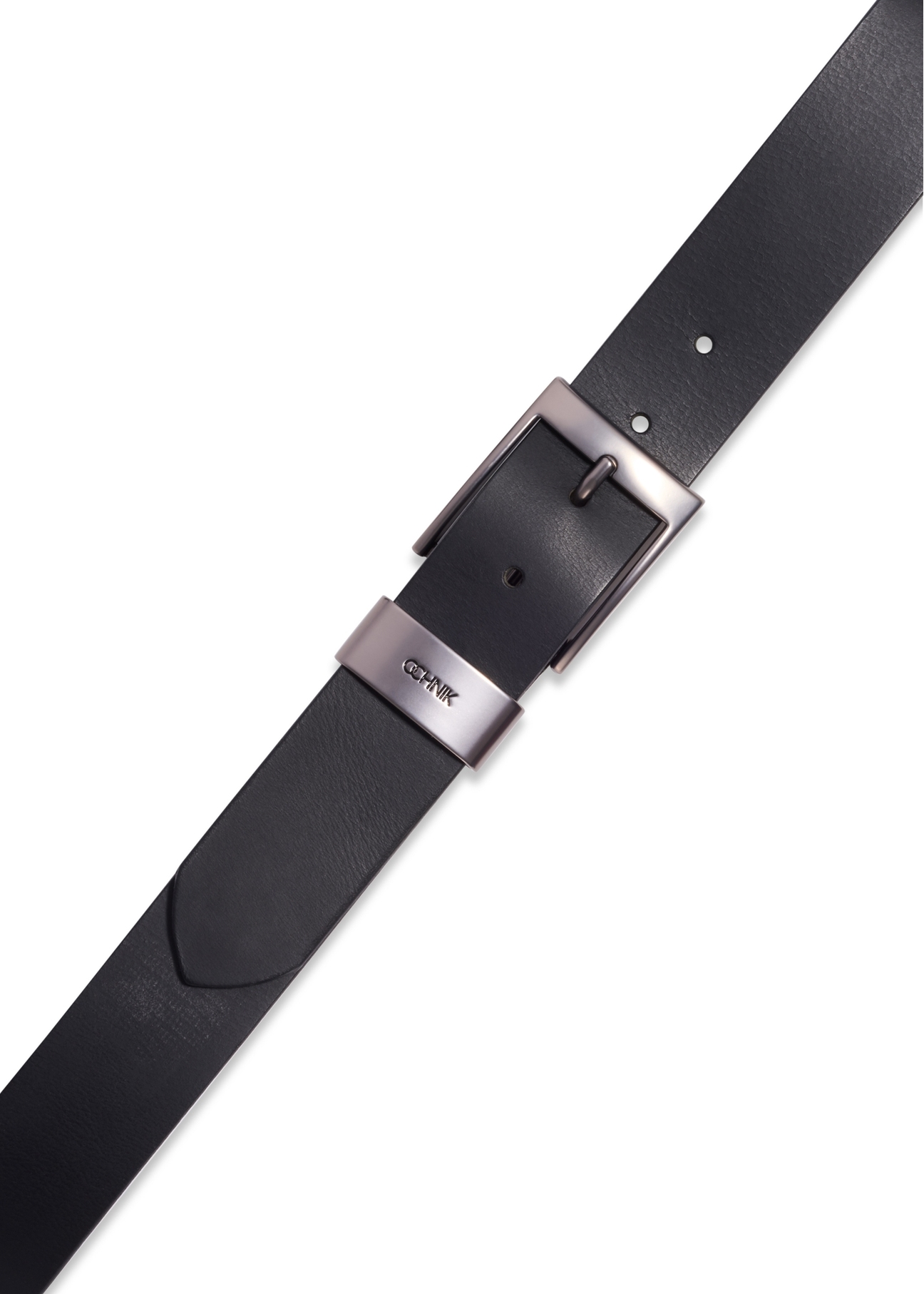 Men's smooth black leather belt PASMS-0163A-99(Z25), top view on a white background.
