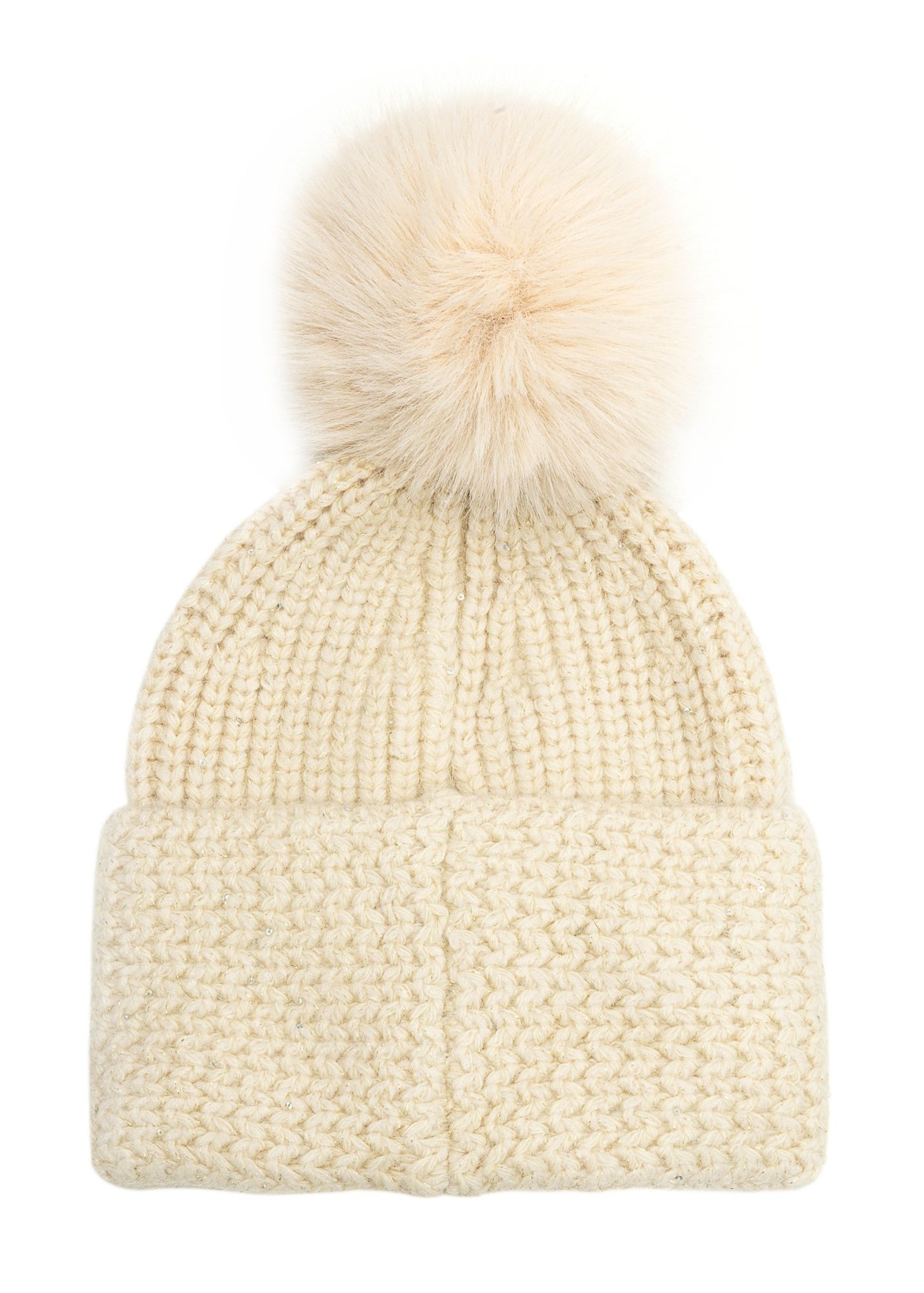 Beige women's hat with pompom CZADT-0217-81(Z25), back view of the product on a white background.