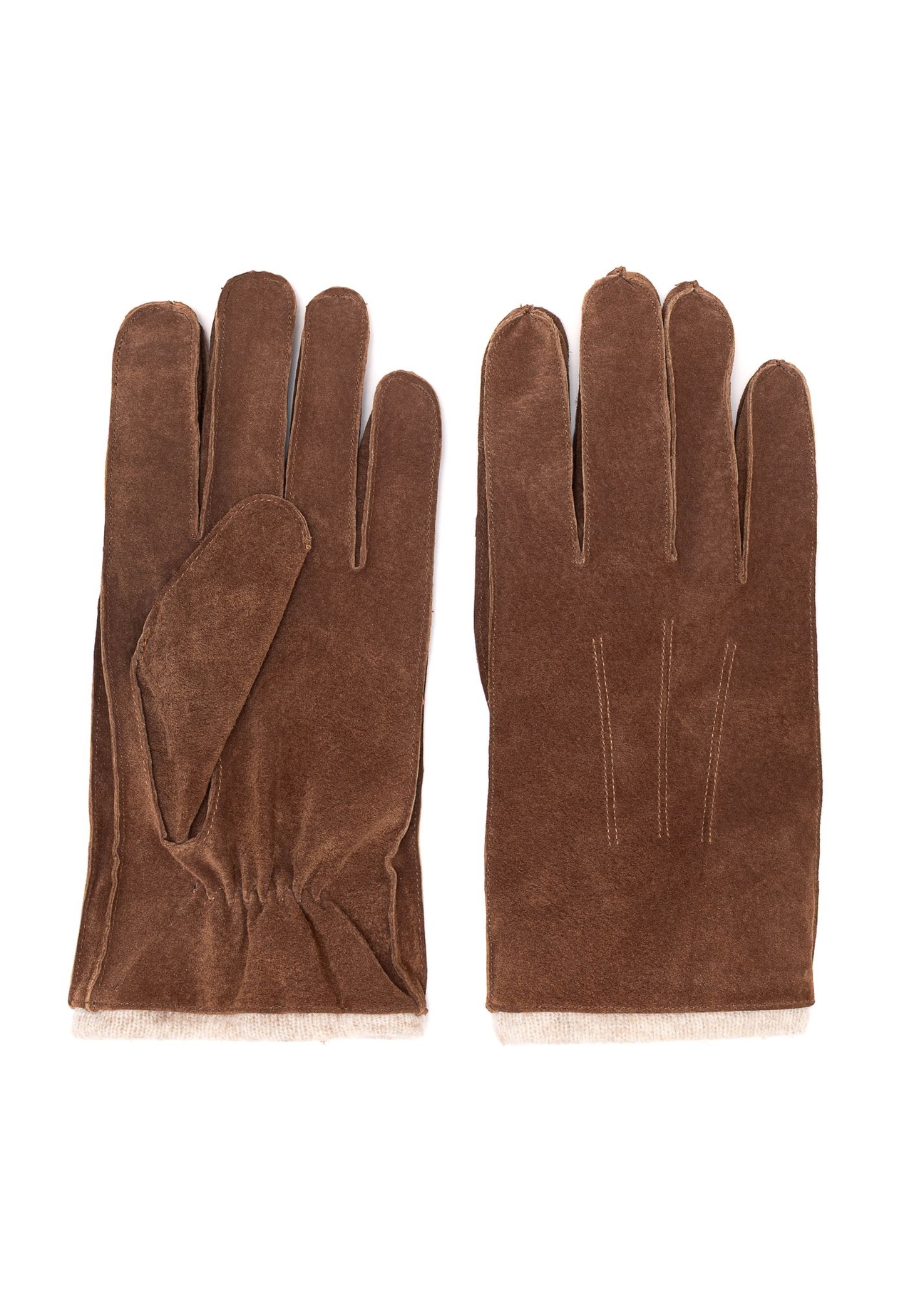 Brown men's suede gloves REKMS-0080-90(Z25) - front and back product view on white background.