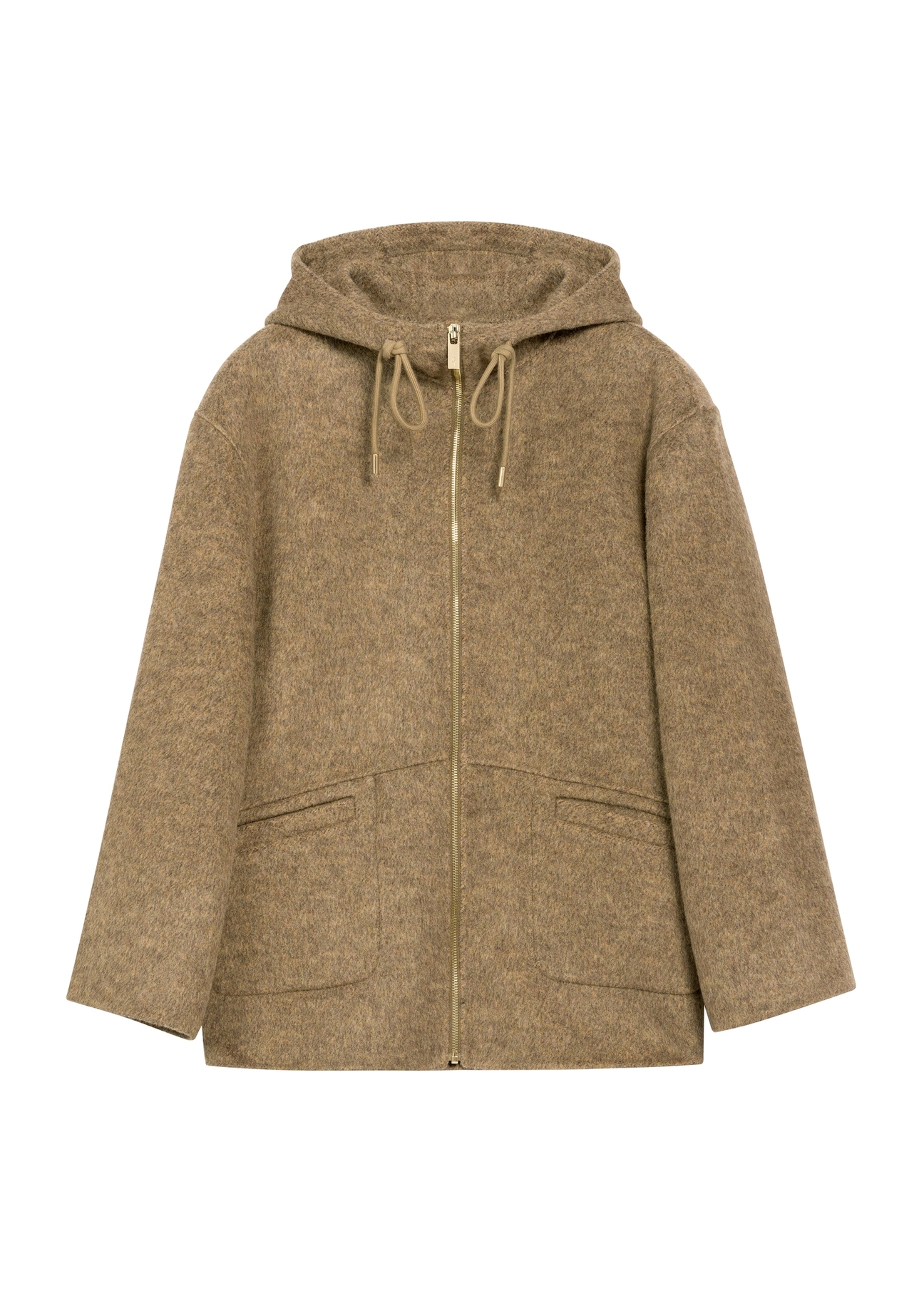 Brown women's wool coat with hood PLADT-0064-89(Z25), product view from the front on a white background.