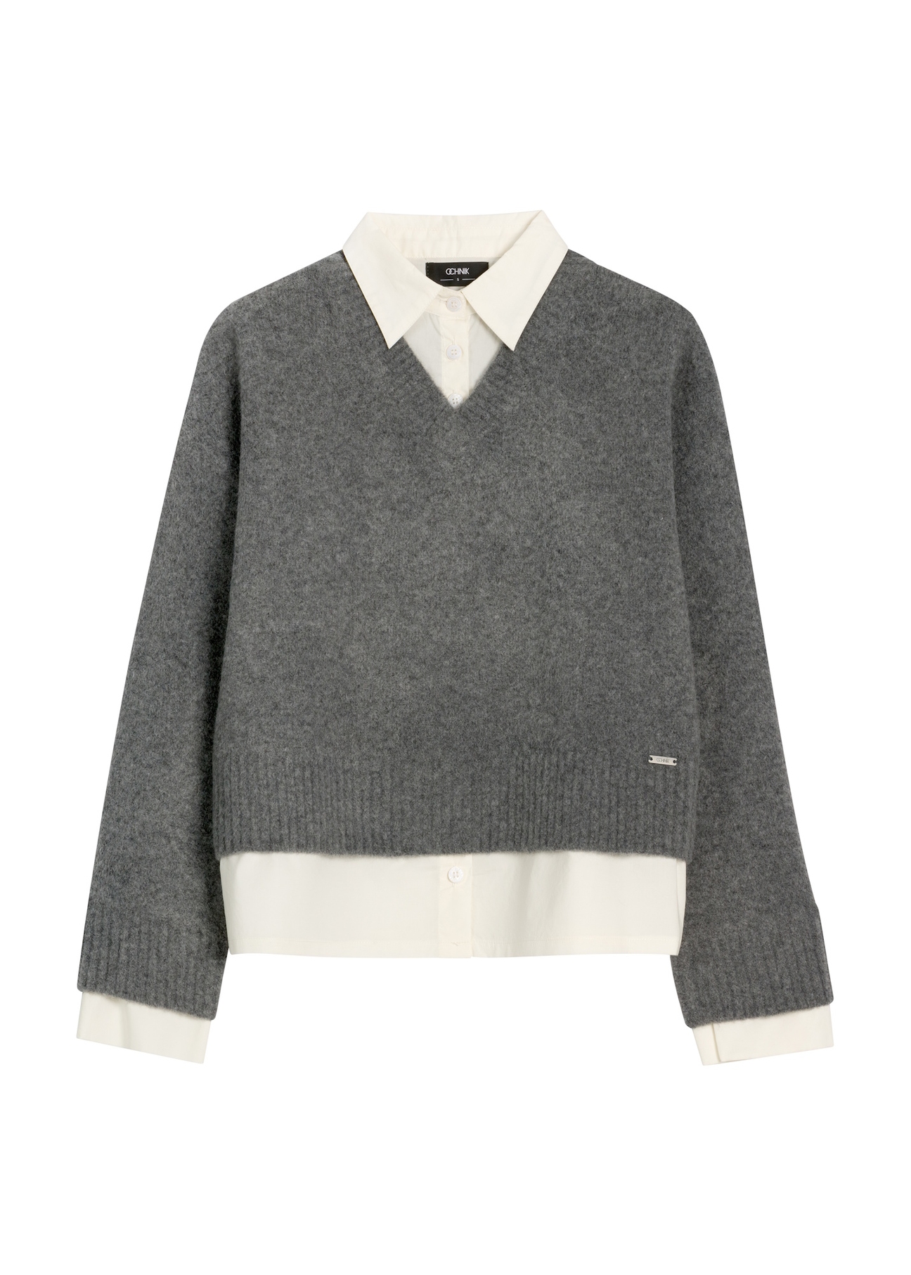 Gray women's sweater with collar SWEDT-0264-9D(Z26) - front product view, on white background.