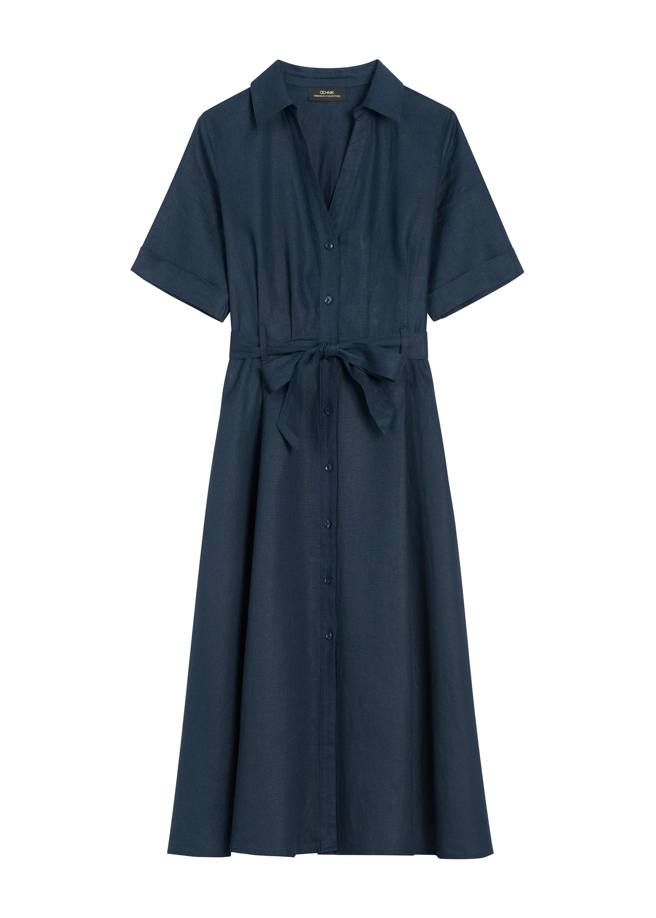 Dark navy linen midi shirt dress SUKDT-0281-7E(W26), front product view on white background.
