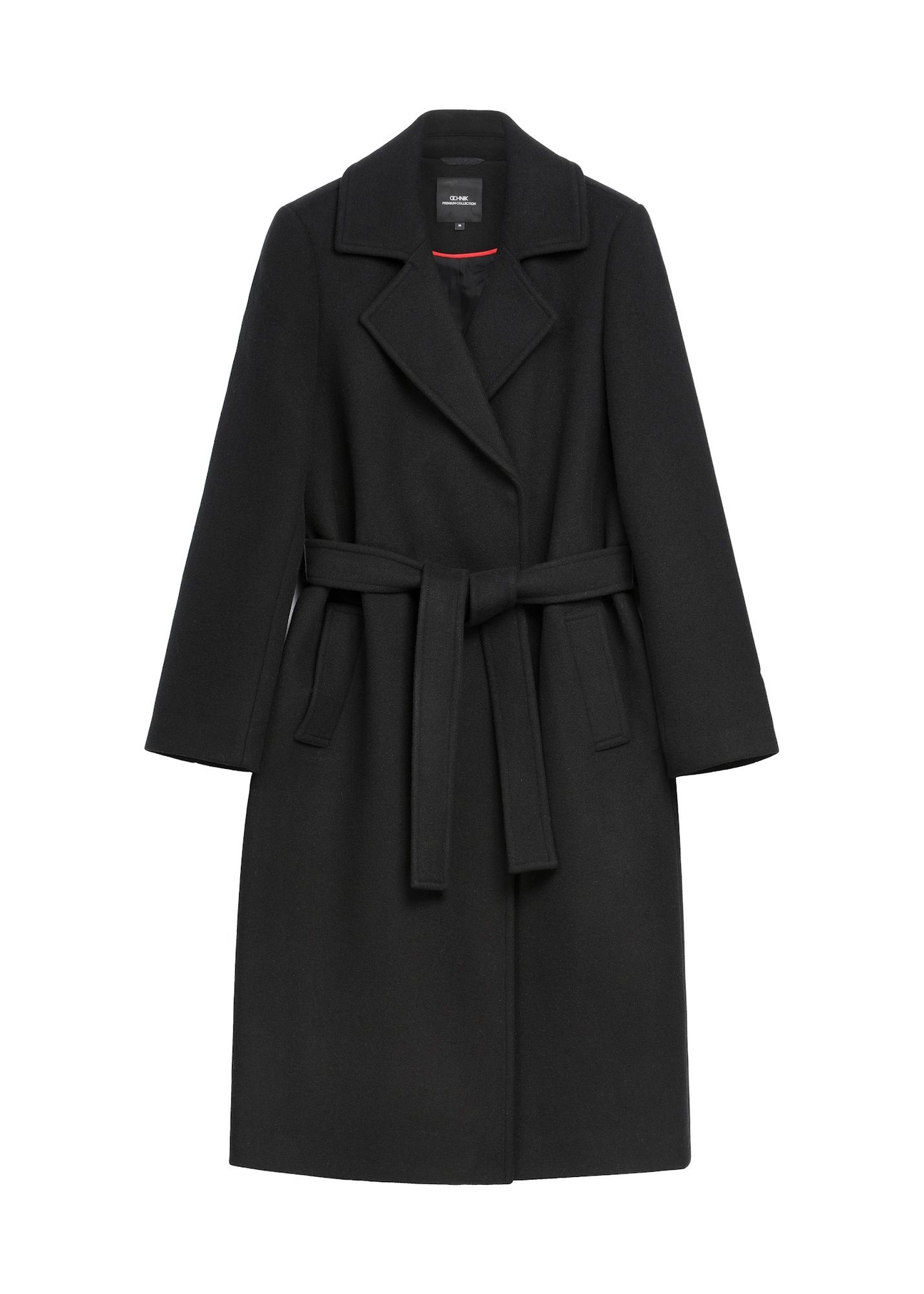 Black long women's coat PLADT-0048B-99(Z25), front product view on white background.