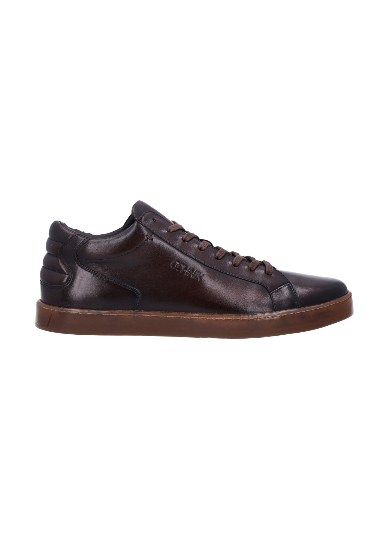 Dark brown men's leather sneakers BUTYM-0405C-1I(Z26), side product view on white background.