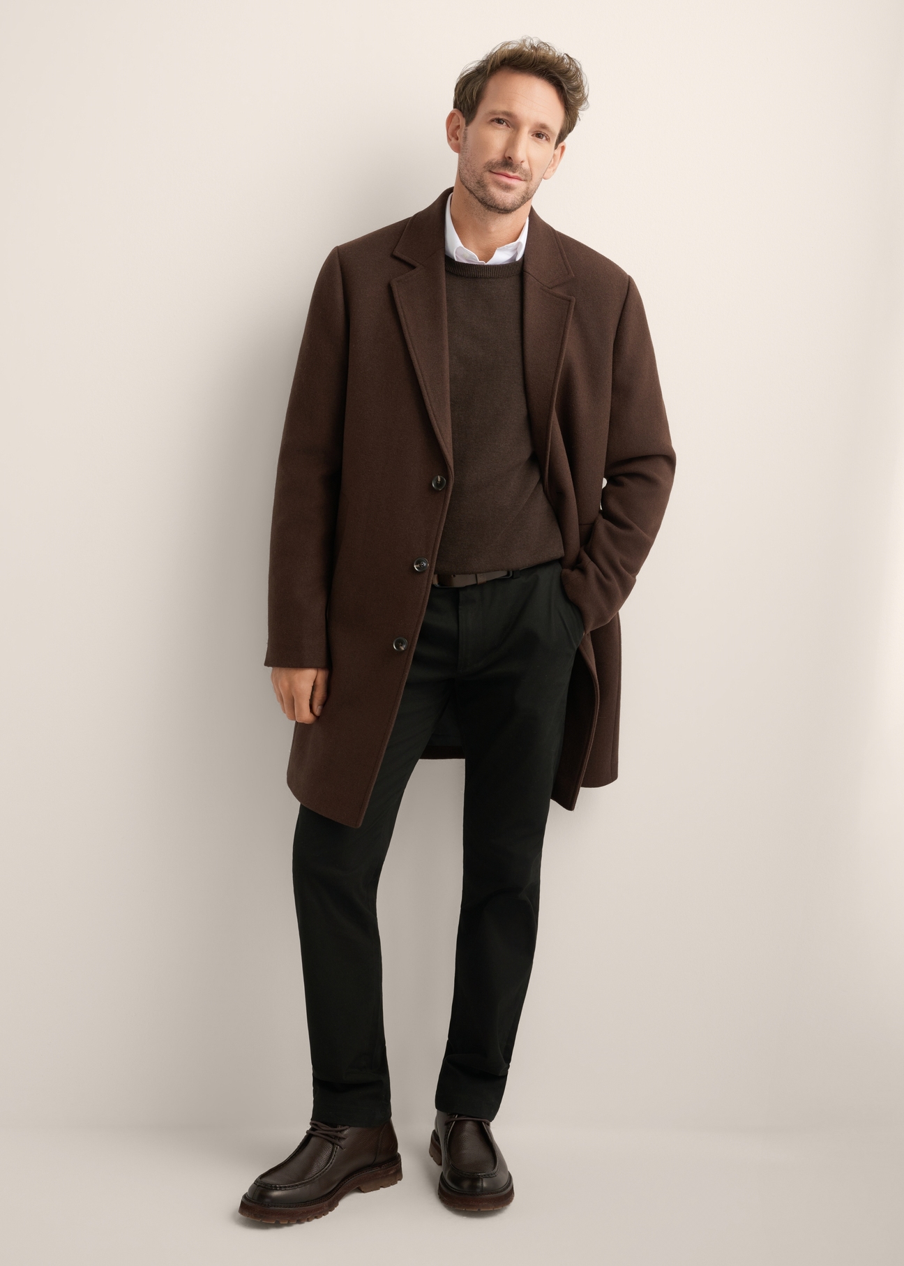 Men's brown wool coat PLAMT-0006-1I(Z26), front view of the product on the model. Full body visible.