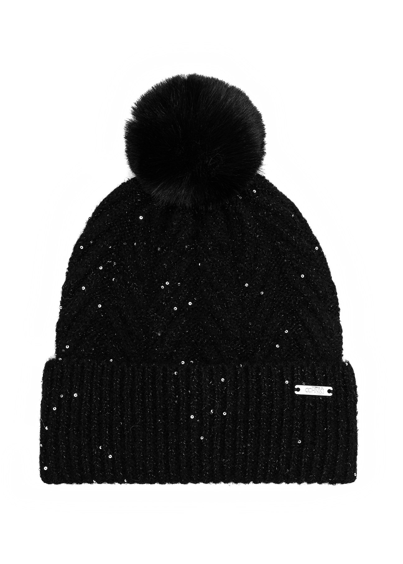 Black women's hat with sequins and pompom CZADT-0175-98(Z25), front product view on white background.