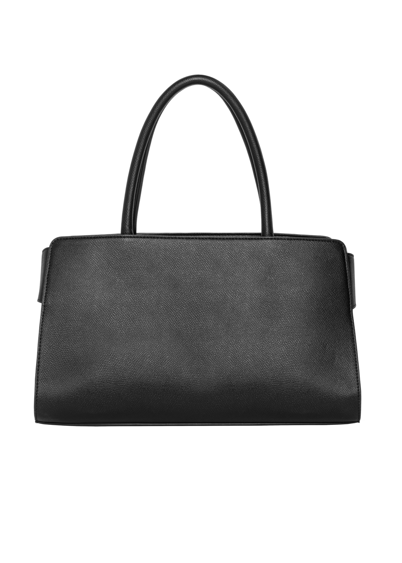 Elegant black women's handbag with decorative clasps TOREC-1374-9I(Z26), product view from the back on a white background.