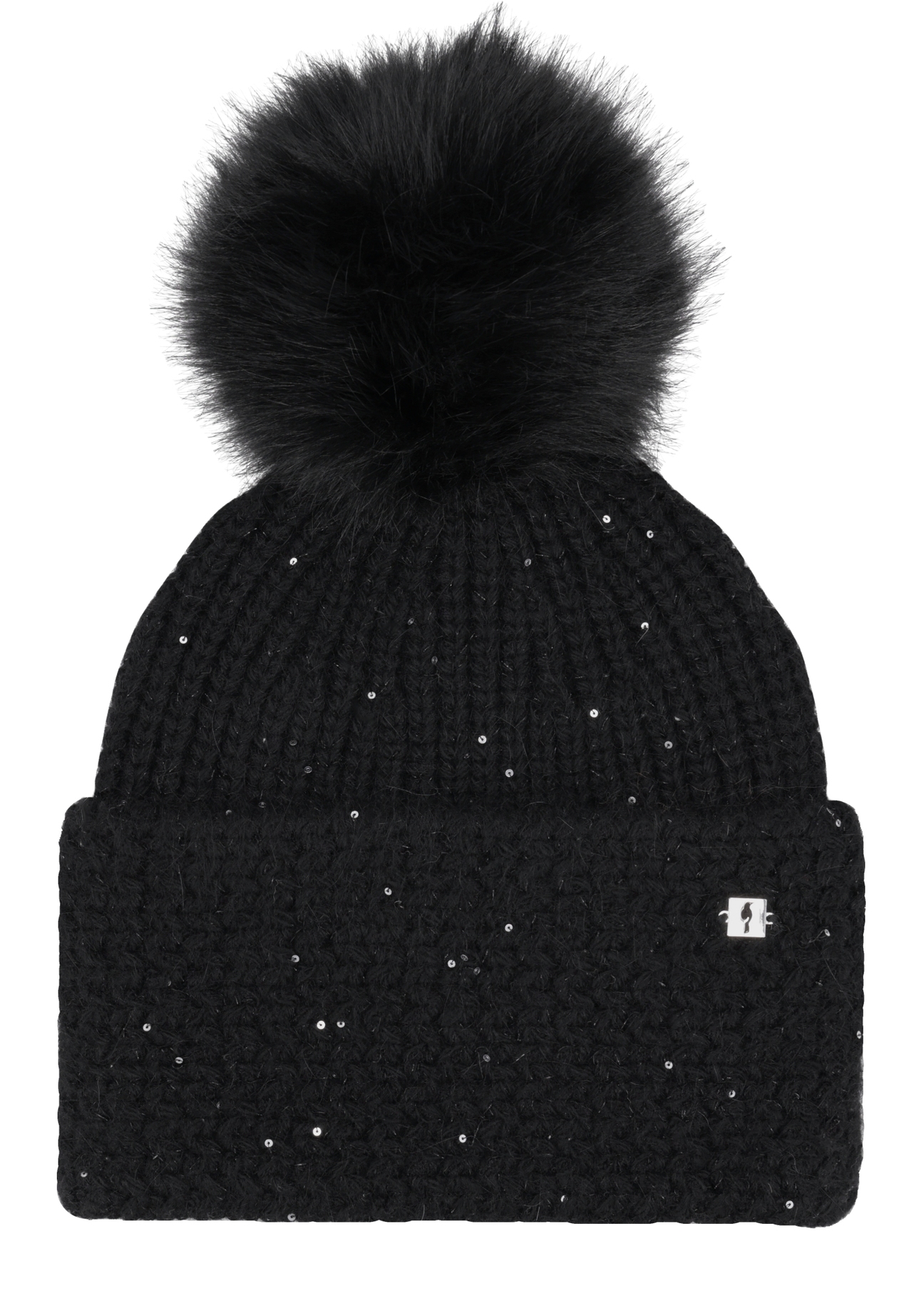 Black women's hat with pompom CZADT-0217-99(Z26), front product view on white background.