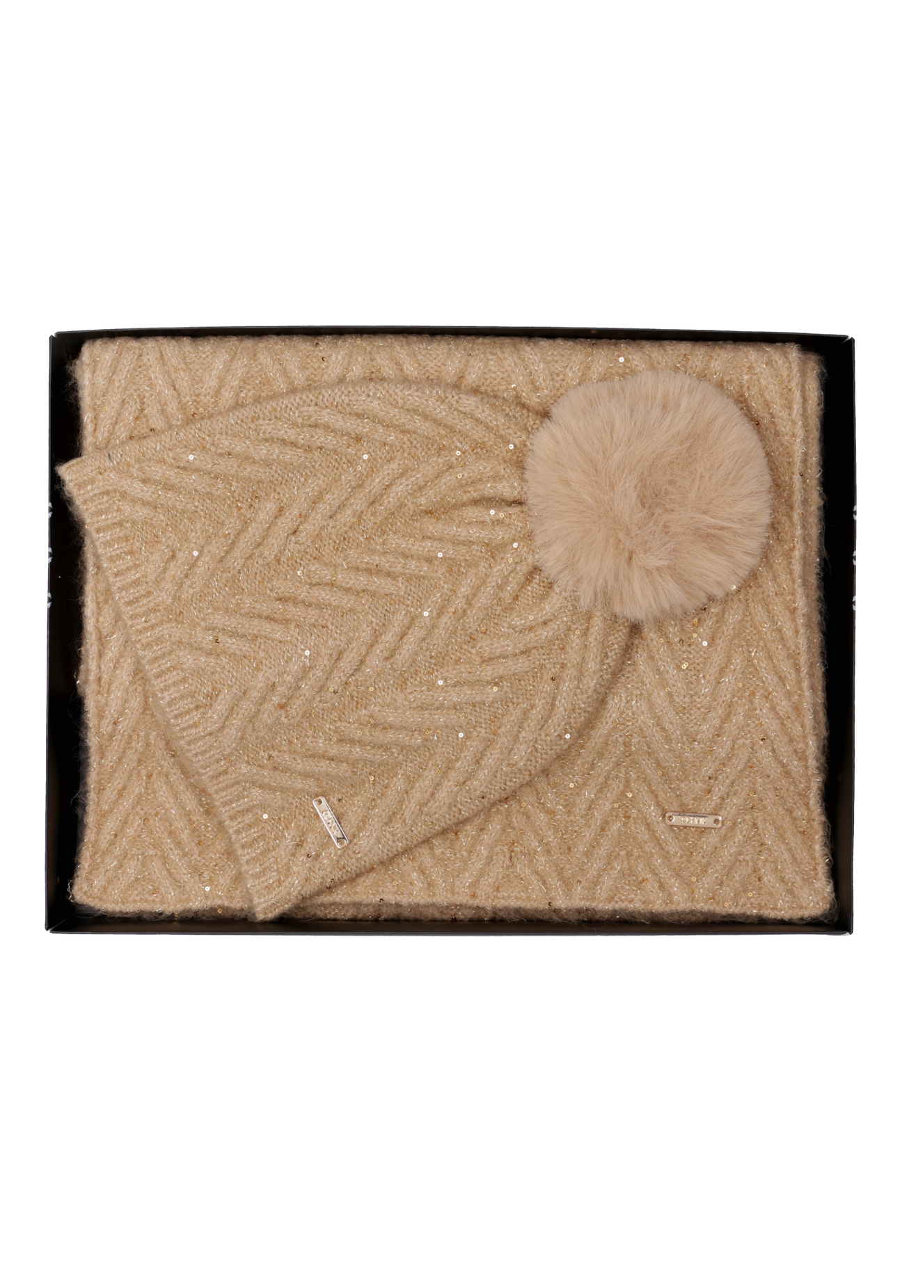 Beige hat and scarf set ZESTD-0014-1A(Z26), front view of the product on a white background.