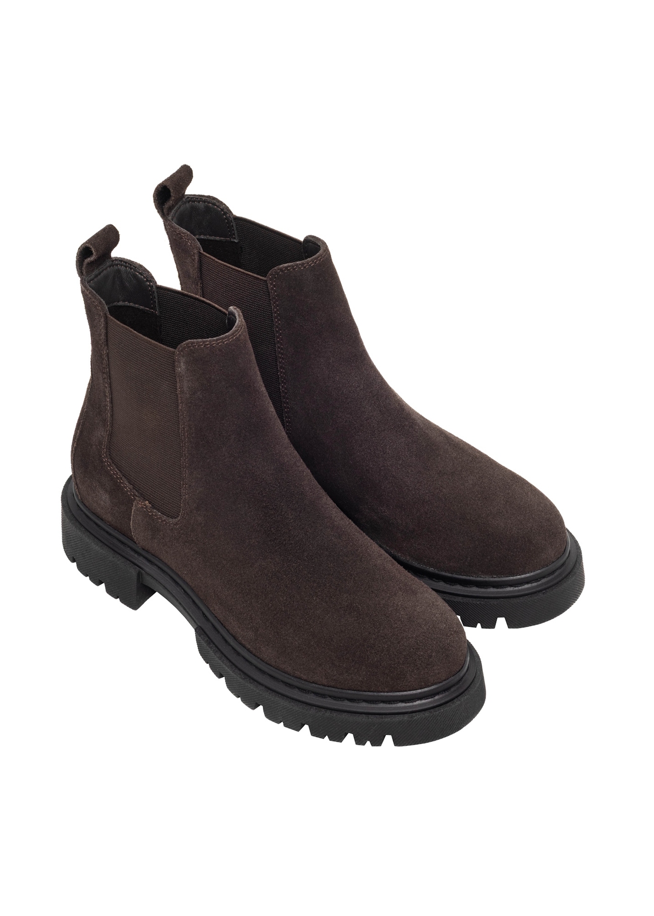 Dark brown suede women's Chelsea boots BUTYD-1093-1I(Z26), diagonal product view on white background.