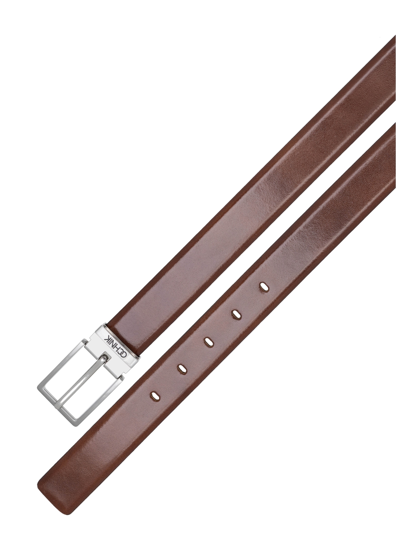 Men's cognac leather belt PASMS-0263-1F(W26), top view of the product on a white background.