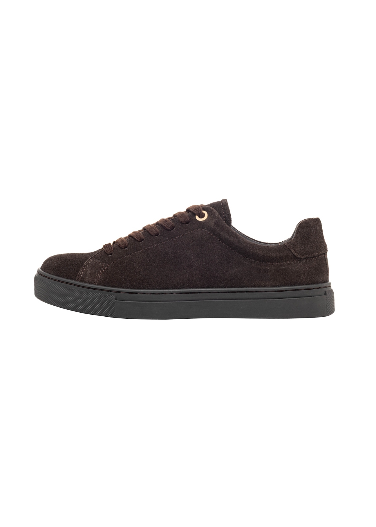 Dark brown suede women's sneakers BUTYD-1068-1I(Z26), side product view on white background.