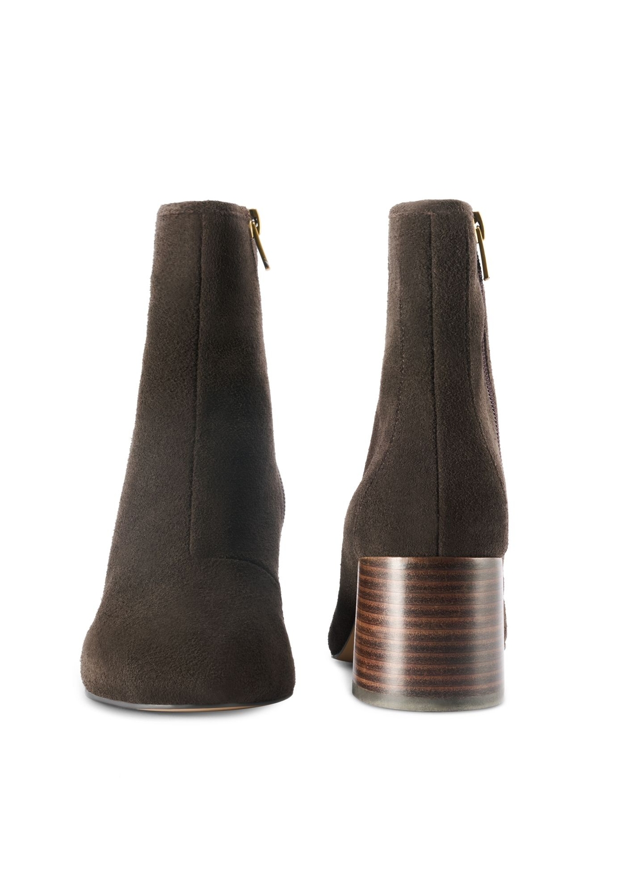Brown suede high heel ankle boots BUTYD-1218-1I(Z26), front and back product view on white background.