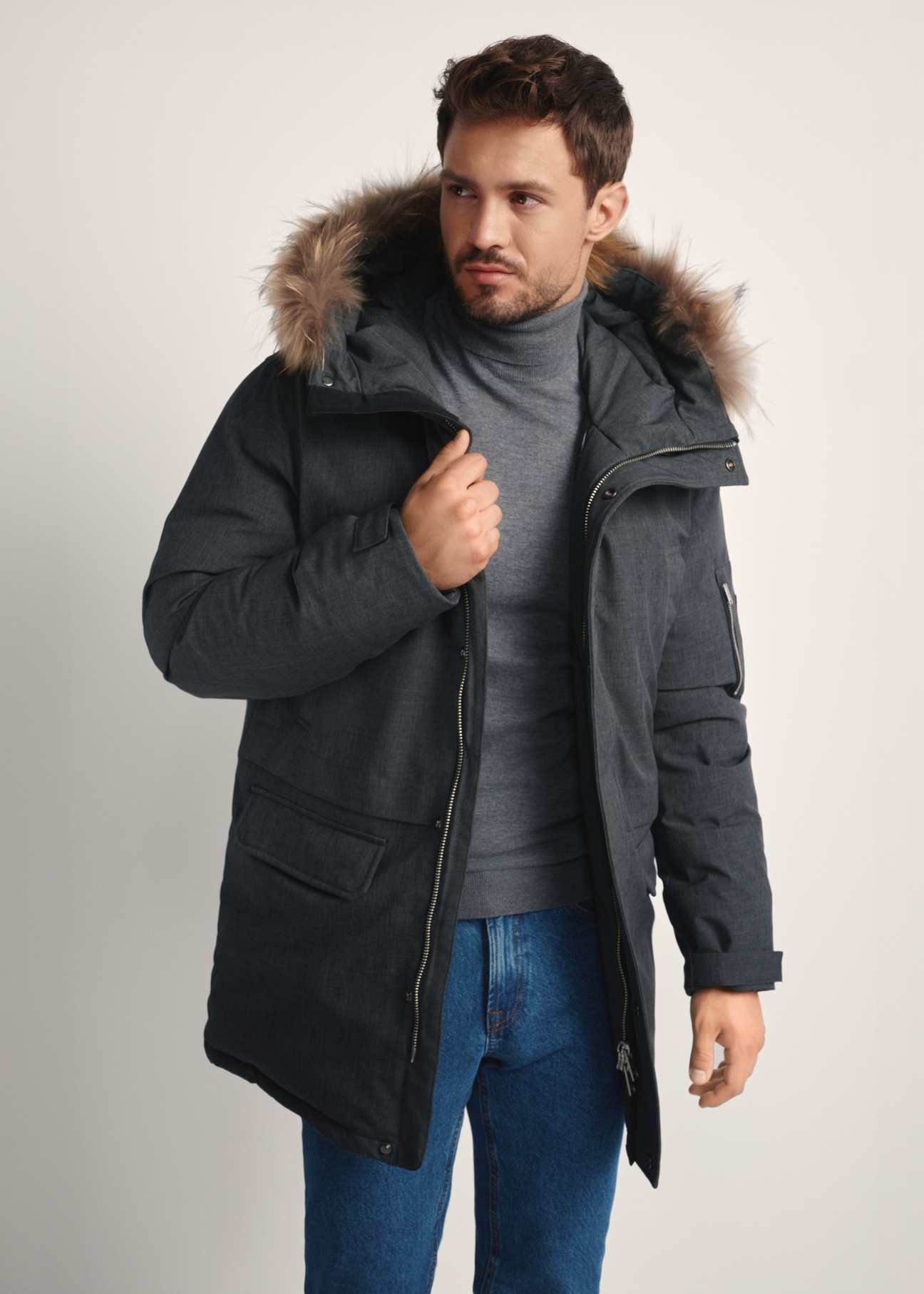 Men's graphite winter jacket KURMT-0395-95(Z25) - front product view on white background. Half silhouette visible.