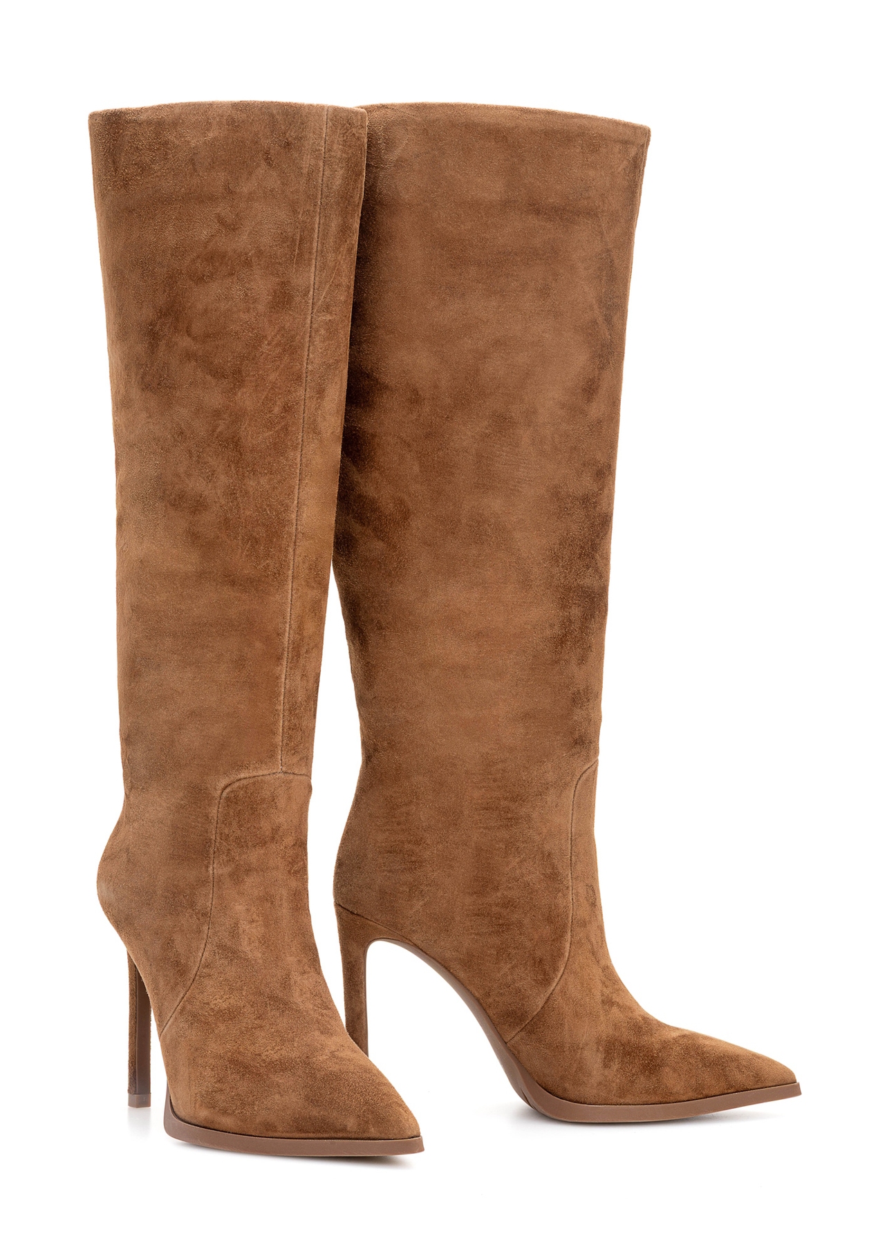 Brown suede women's boots BUTYD-1208-88(Z25), diagonal product view on white background.