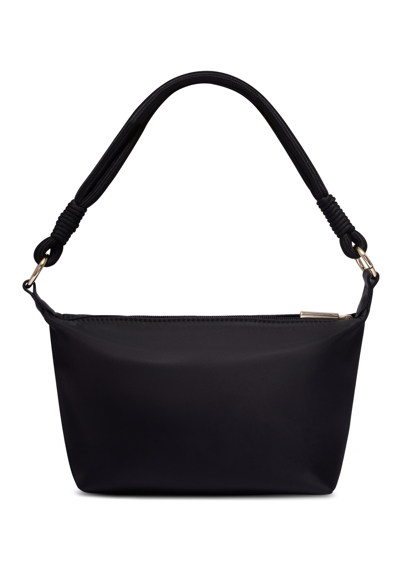 Black fabric women's handbag TOREN-0355-99(Z26), product view from the back on a white background.