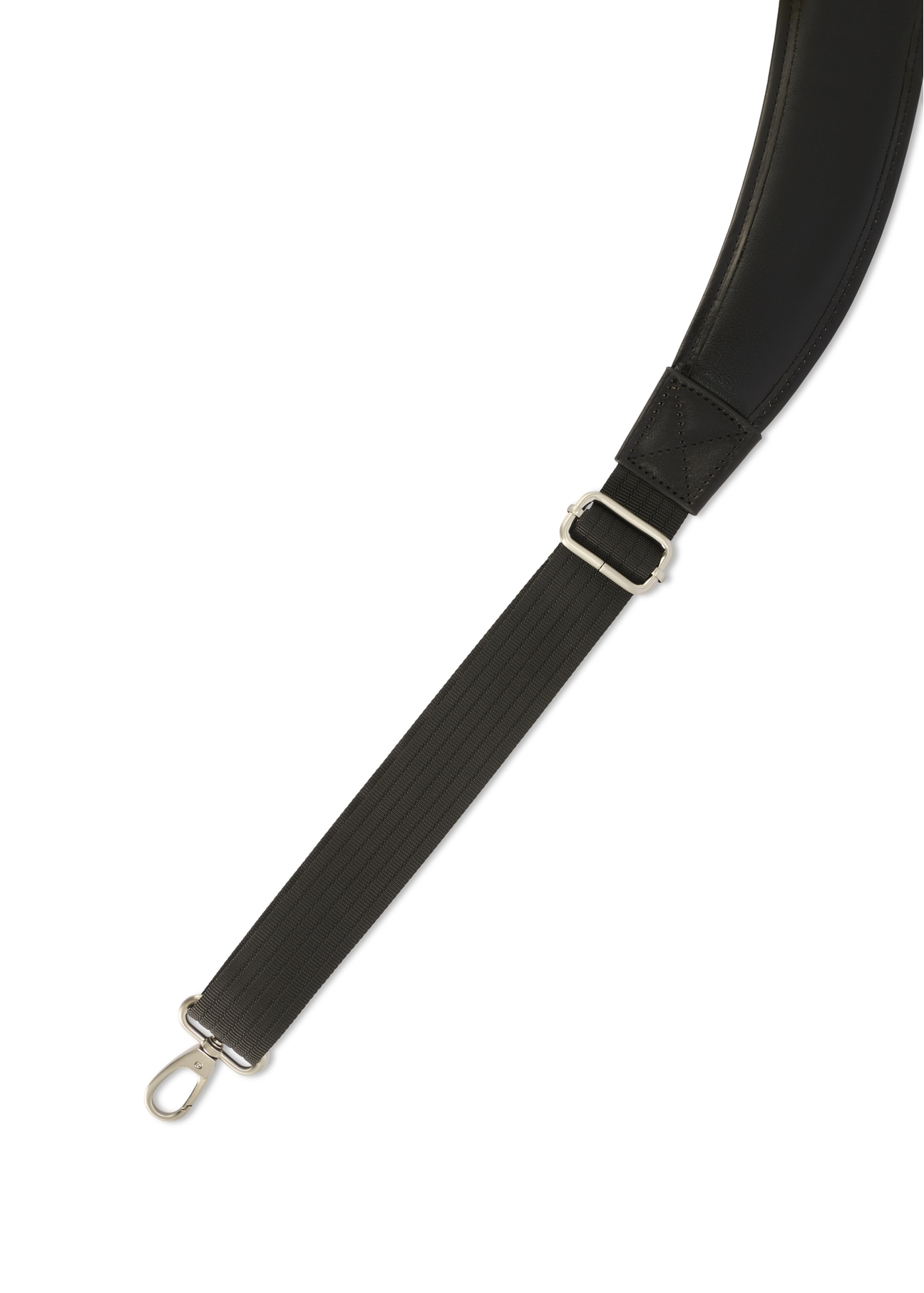 Black leather men's bag TORMS-0483-99(Z25), close-up of the product strap, view on a white background.