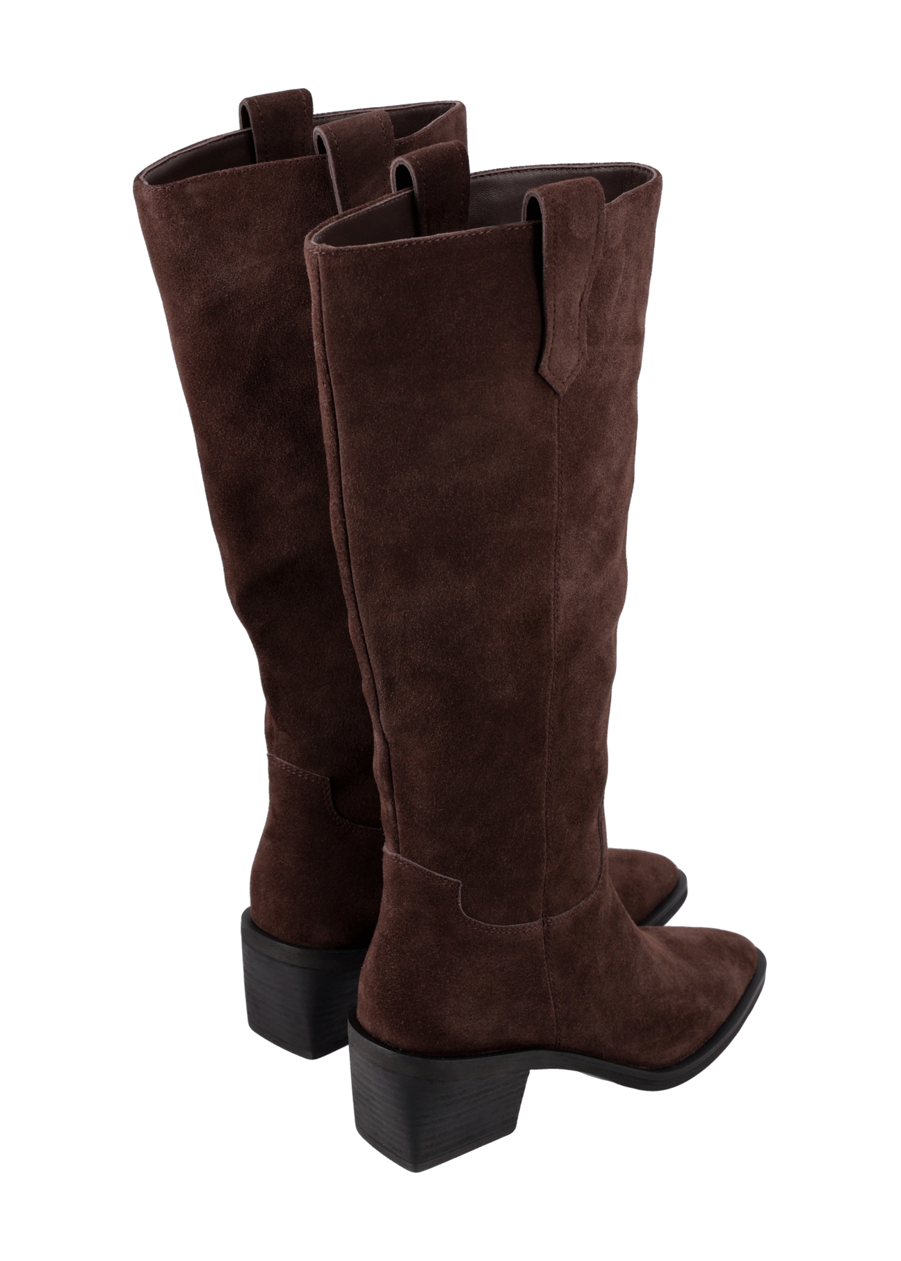 Women's dark brown suede boots BUTYD-1332-1I(Z26), rear view on a white background.