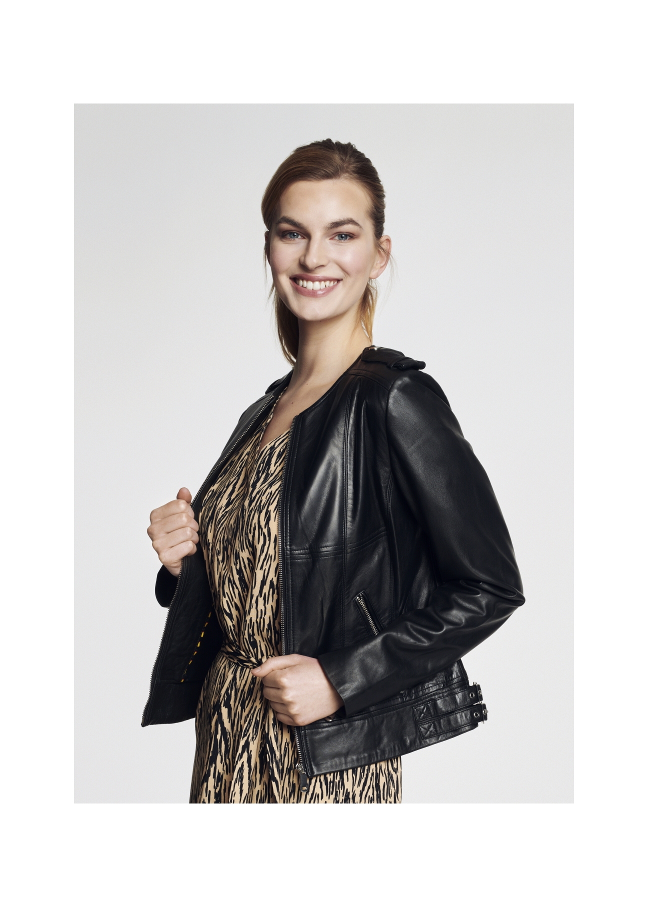 Women's leather jacket with epaulettes KURDS-0229-5477(KS)-01