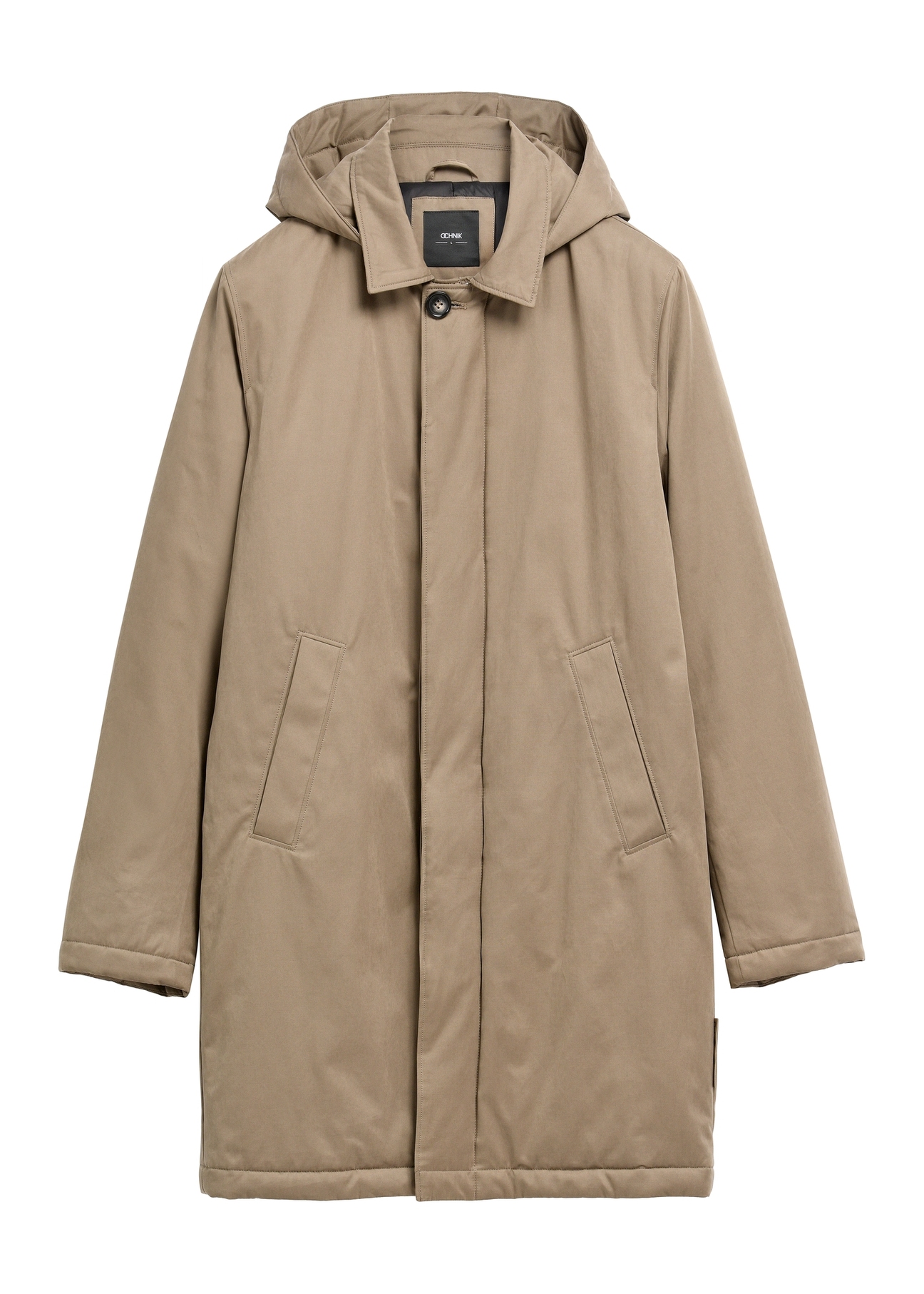 Men's long dark beige jacket KURMT-0441-1C(Z26), front product view on white background.