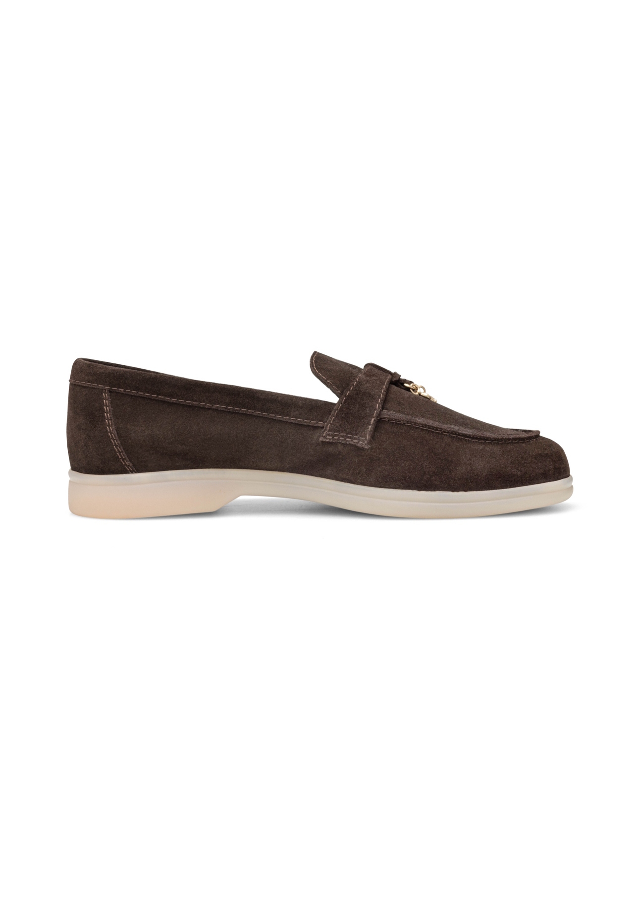 Dark brown leather women's moccasins BUTYD-1256-1I(W26), side product view on white background.