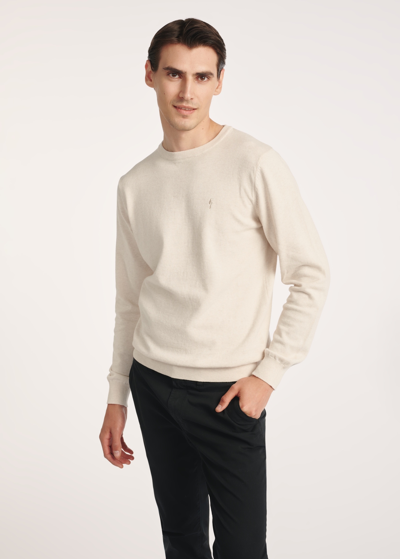 Beige men's cotton sweater SWEMT-0114A-1A(Z26), front product view on model. Half silhouette visible.