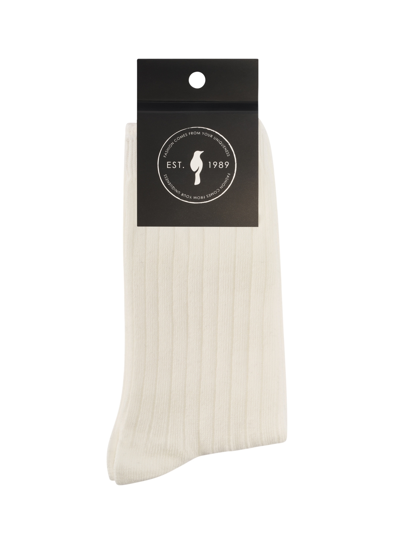 Women's white ribbed long socks SKADT-0072-0B(W26), product view with packaging on white background.