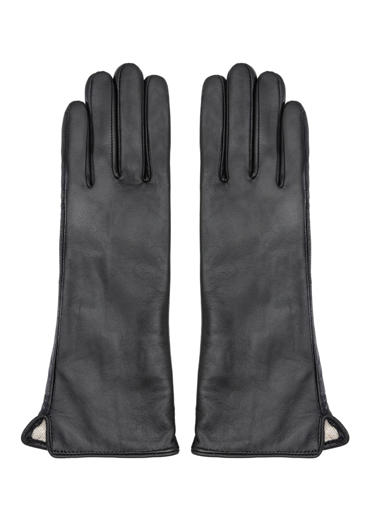 Long brown leather women's gloves REKDS-0082A-1I(Z26), product view from the front on a white background.