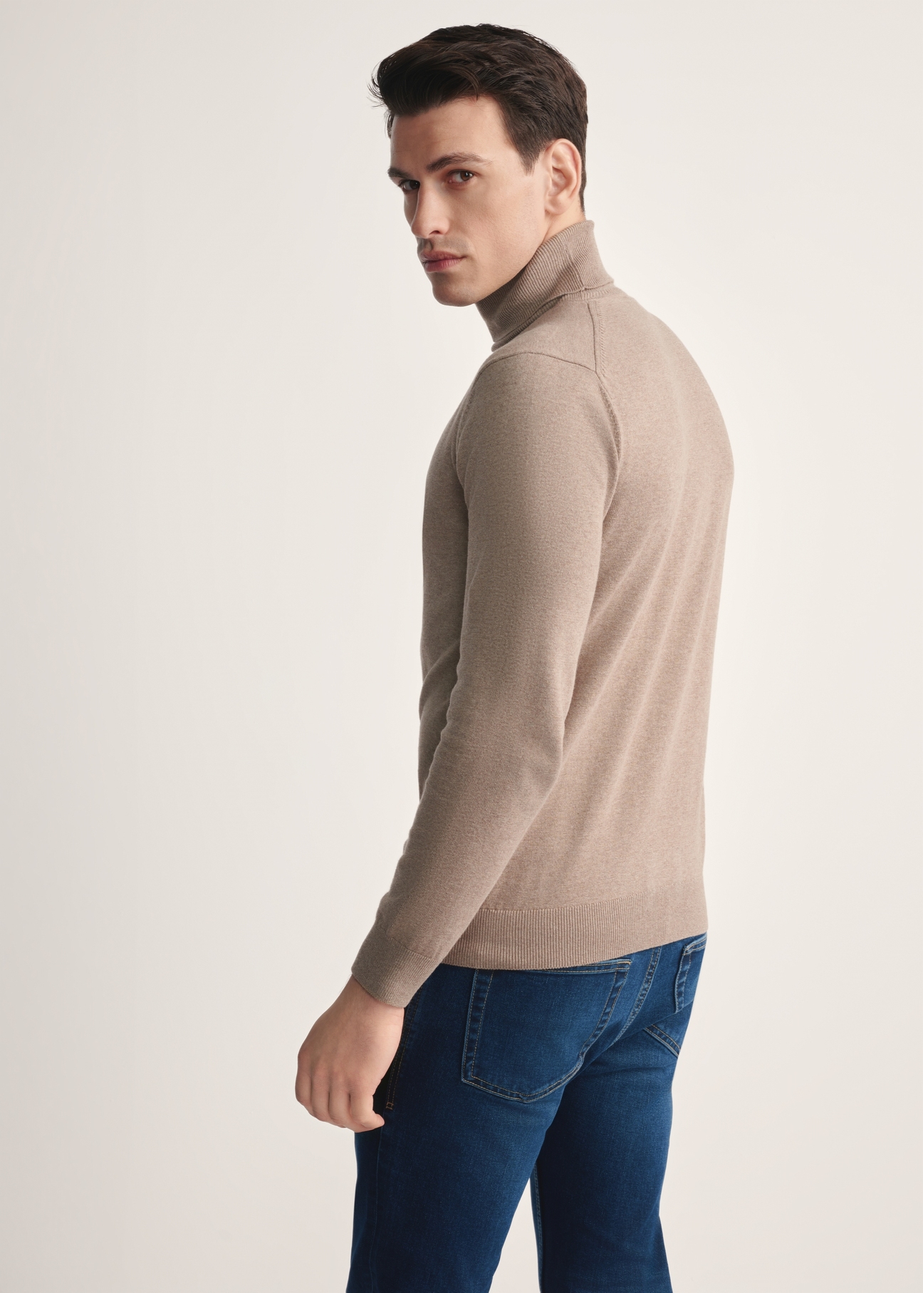 Camel men's turtleneck sweater SWEMT-0095B-24(Z25), product view from the back on the model, half of the silhouette visible.