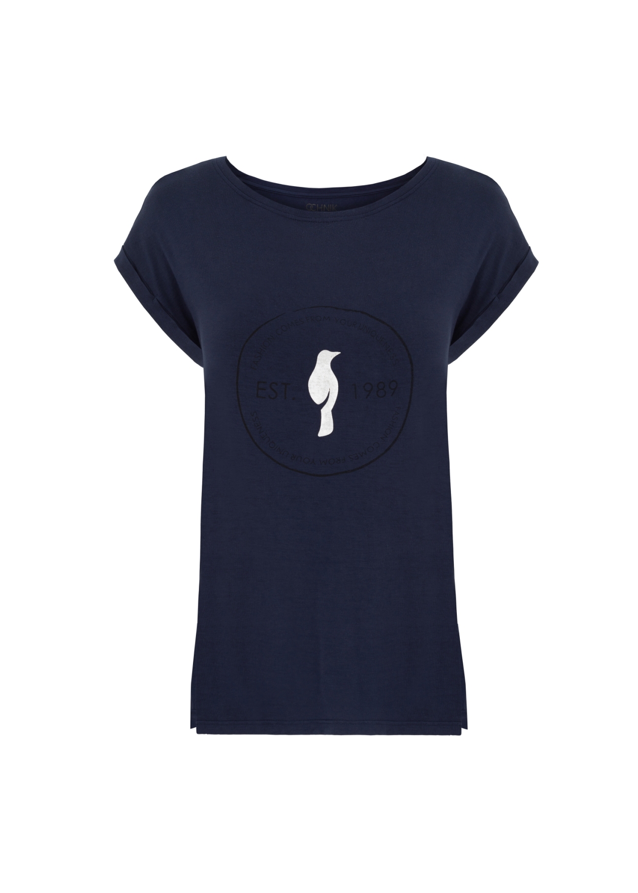 Women's elongated navy blue T-shirt TSHDT-0067-69(W21)-02
