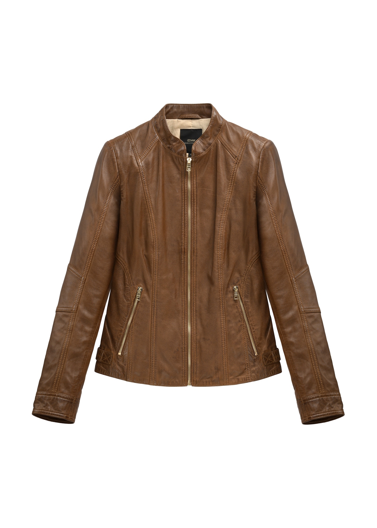 Women's brown leather jacket KURDS-0602-1F(W26), front product view on white background.