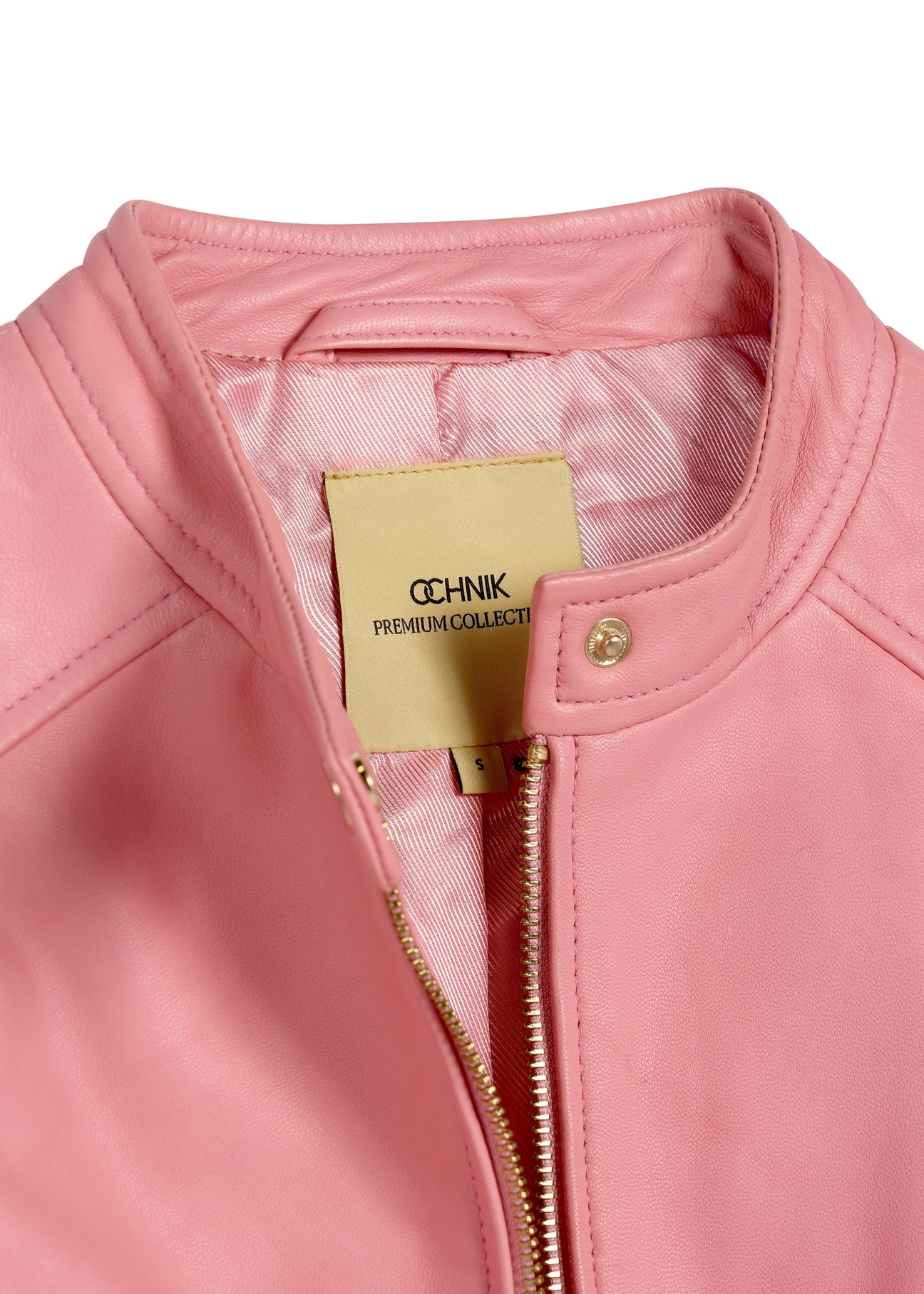 Pink women's leather jacket KURDS-0575-5B(W26), close-up of product detail on white background.