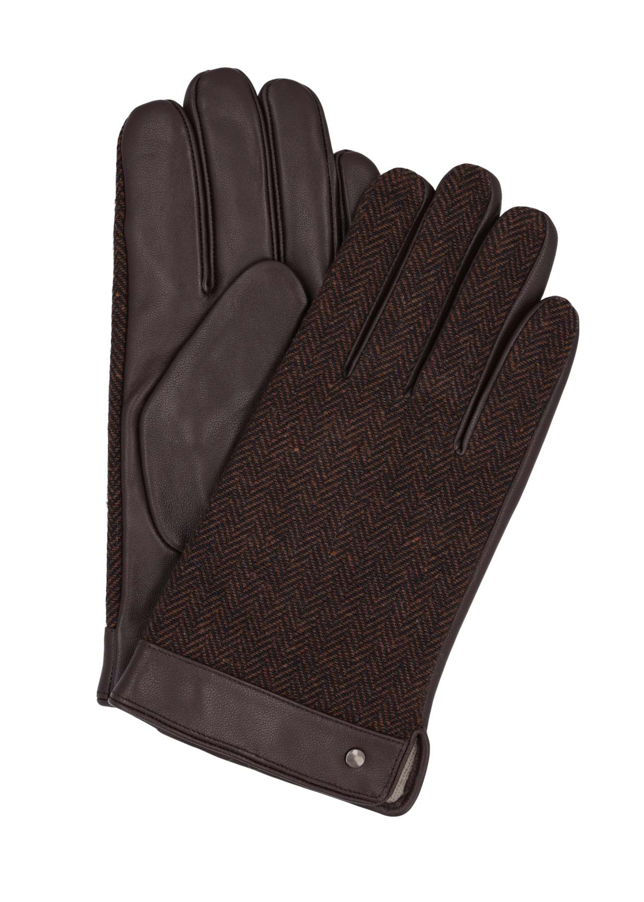 Men's brown herringbone leather gloves REKMS-0073R-1I(Z26), front product view on white background.