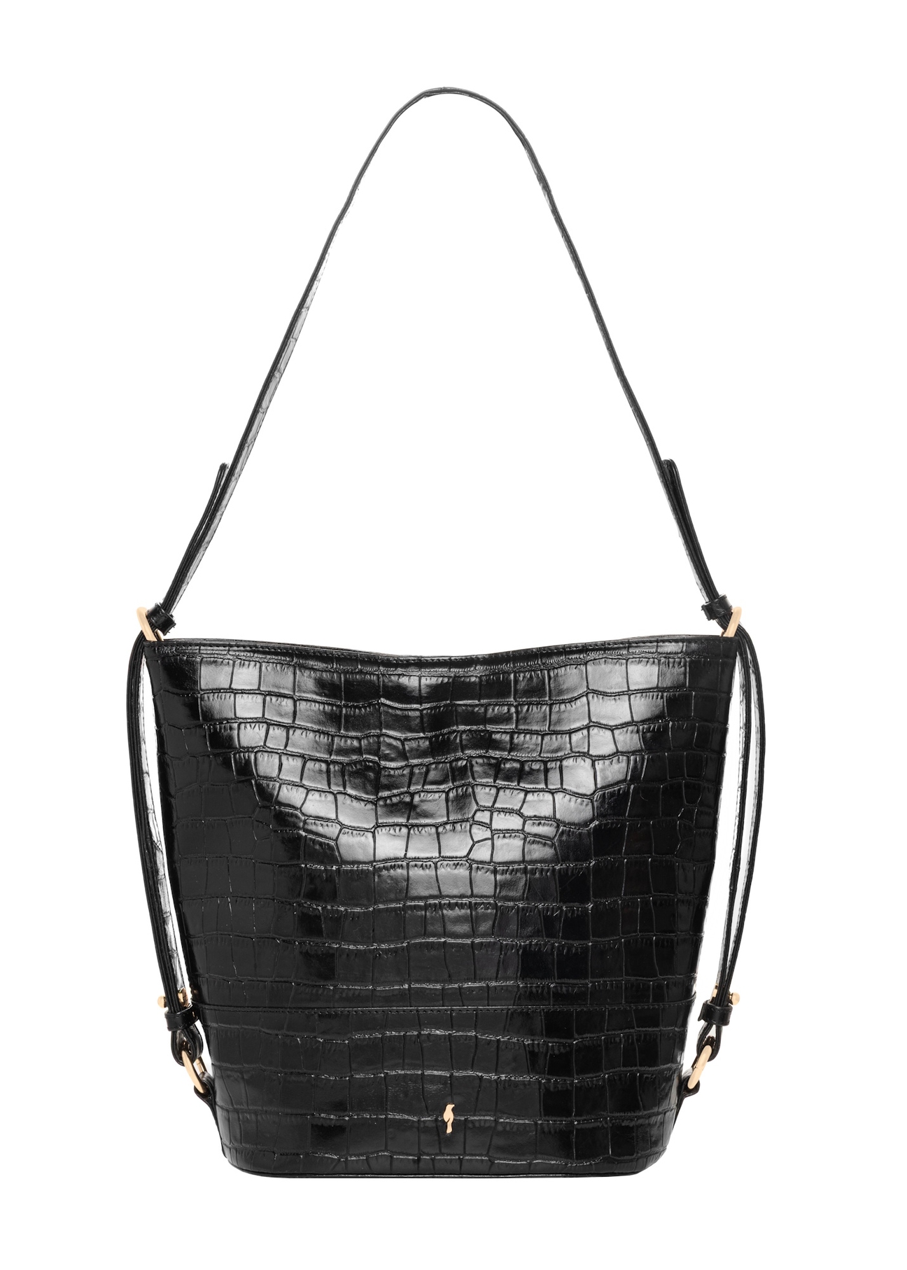 Black leather handbag with a crocodile-effect finish, model TORES-1417-9G(Z26); front view on a white background.