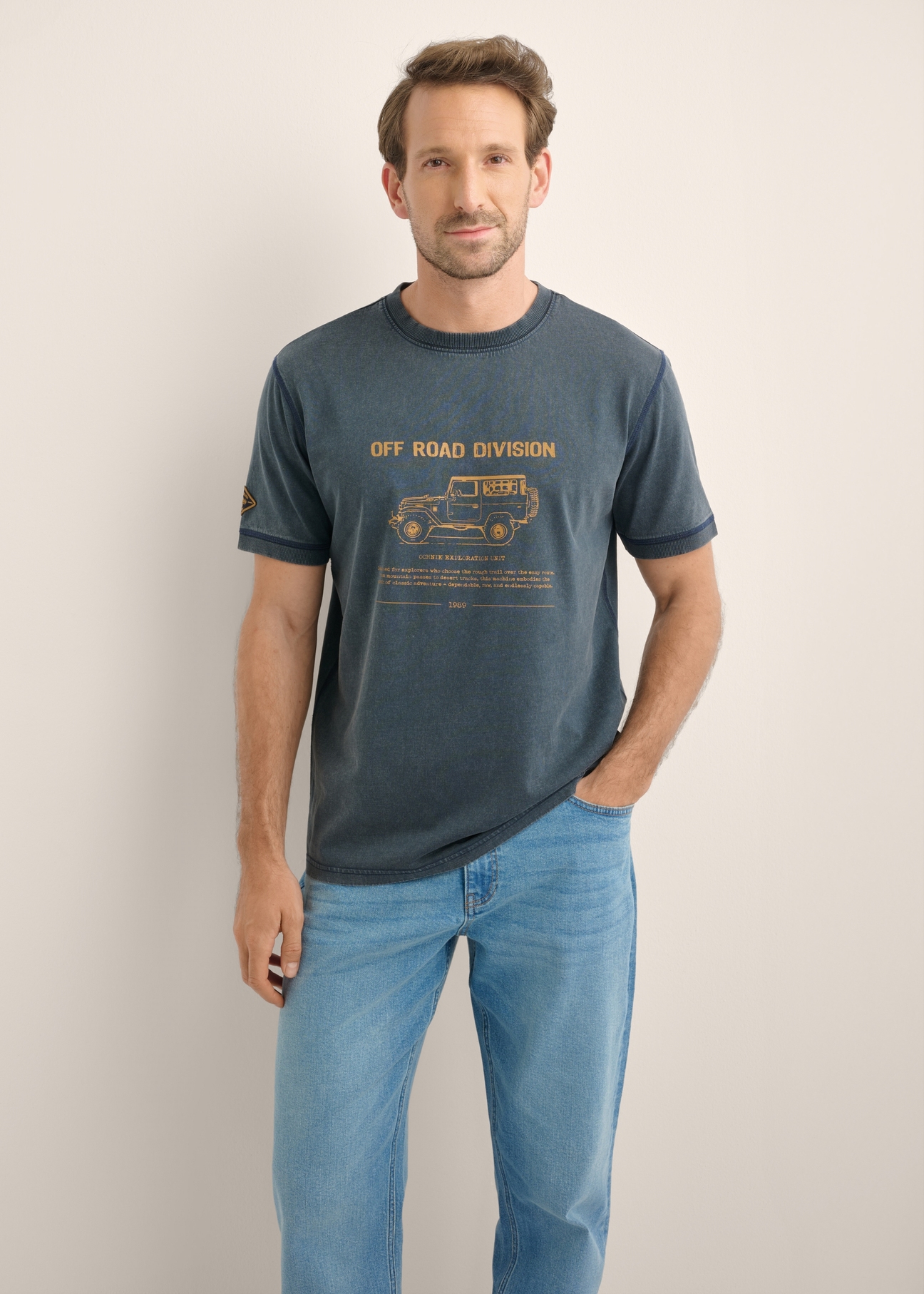 Dark navy blue cotton men's T-shirt with print TSHMT-0162-7E(Z26)