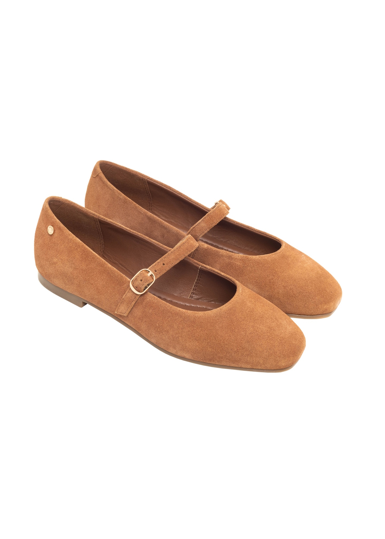 Cognac suede ballet flats with belt BUTYD-1145-1F(Z26), diagonal product view on a light background.