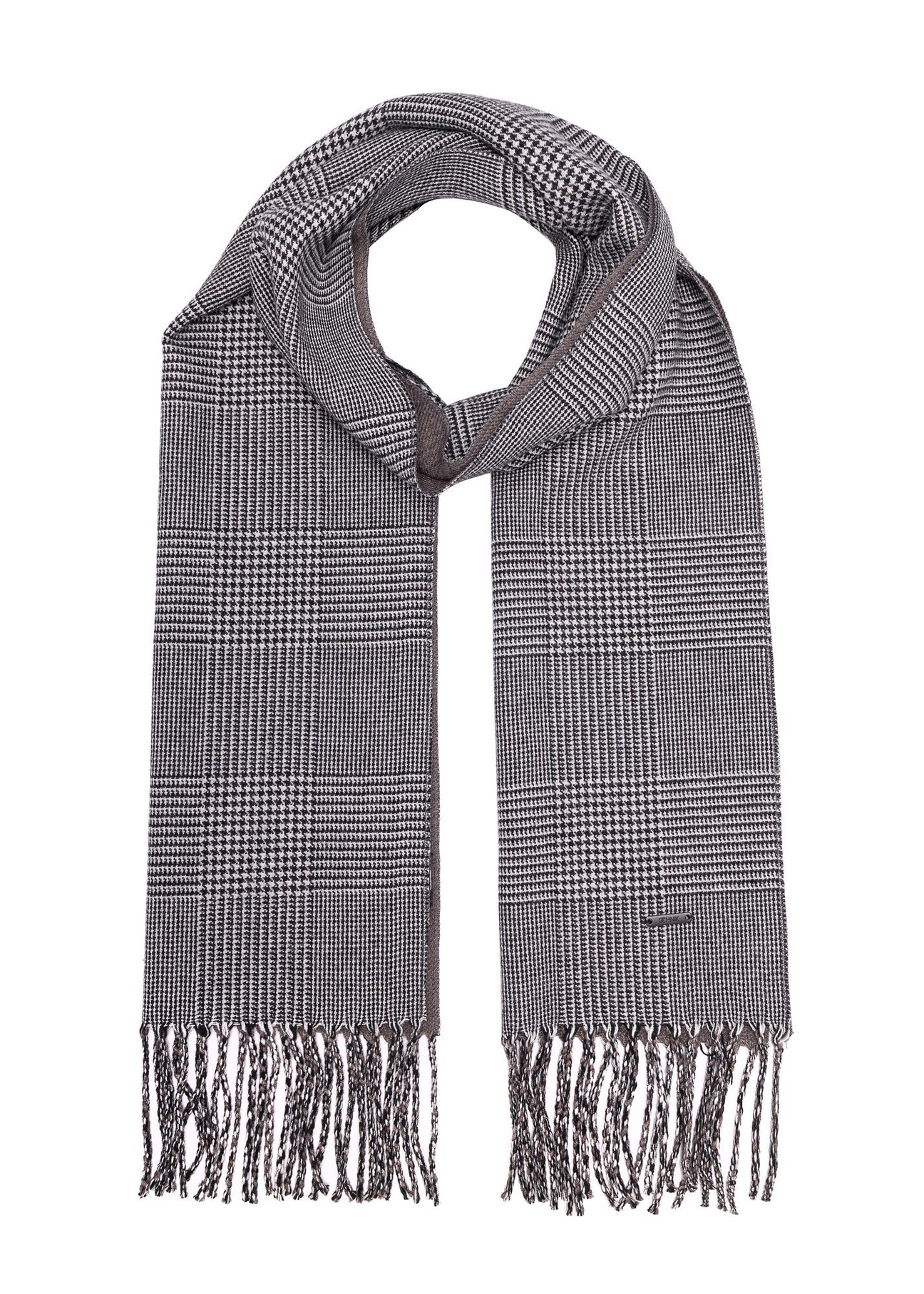 Gray men's checkered scarf SZAMT-0081A-98(Z25) - front product view on white background.