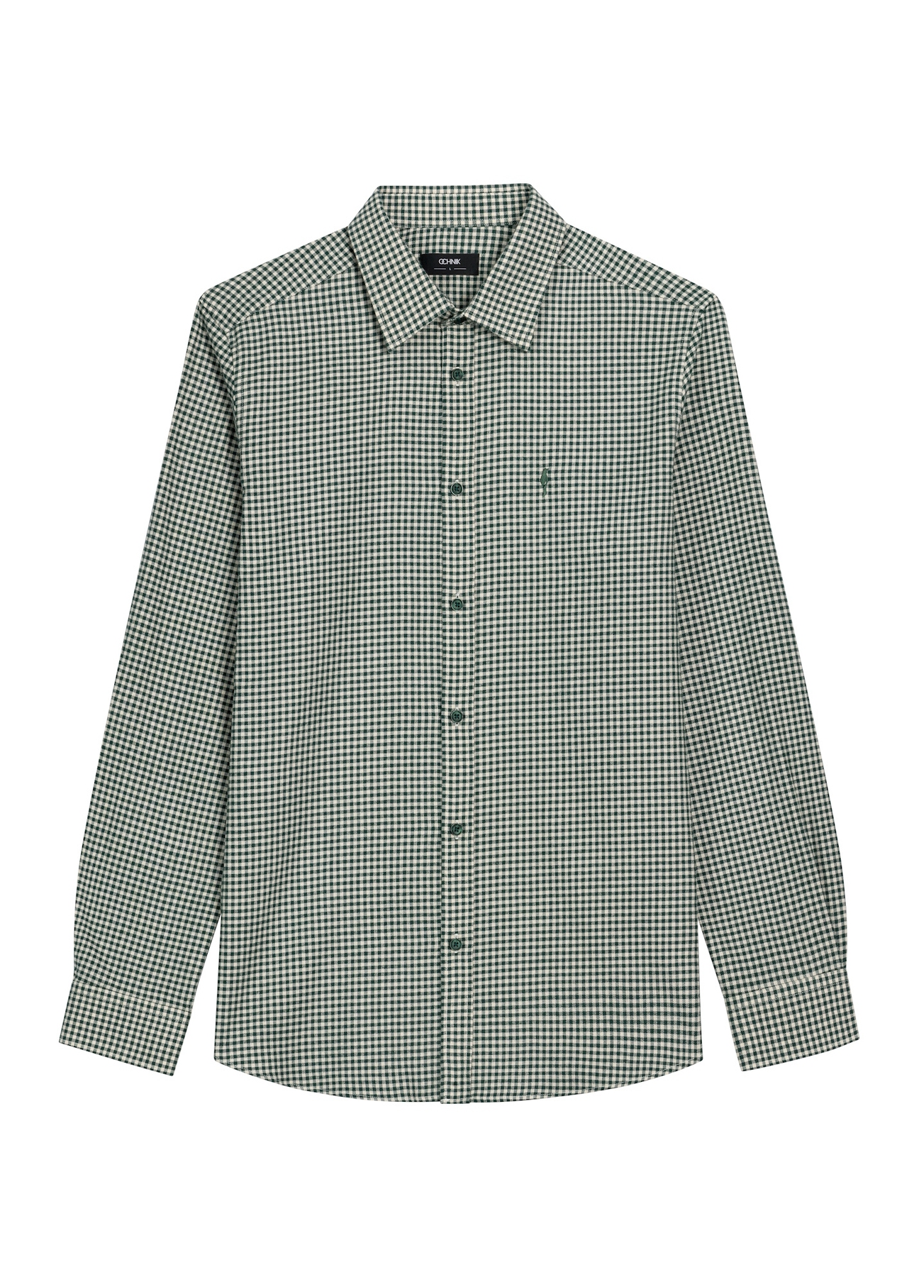 Dark green men's shirt with small checks KOSMT-0372-8C(Z26), front product view on white background.