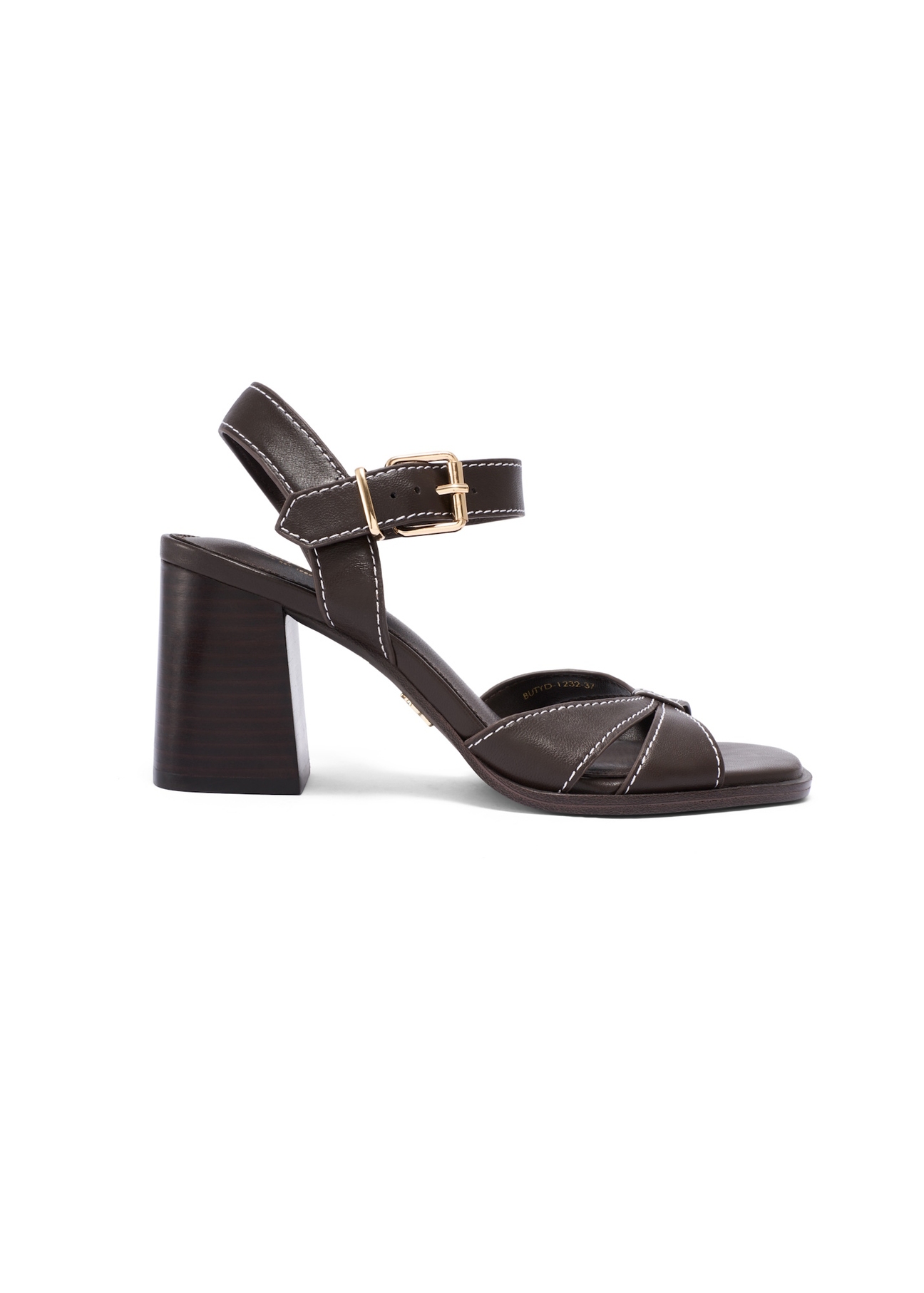 Dark brown leather block heel sandals BUTYD-1232-1I(W26), side product view on white background.