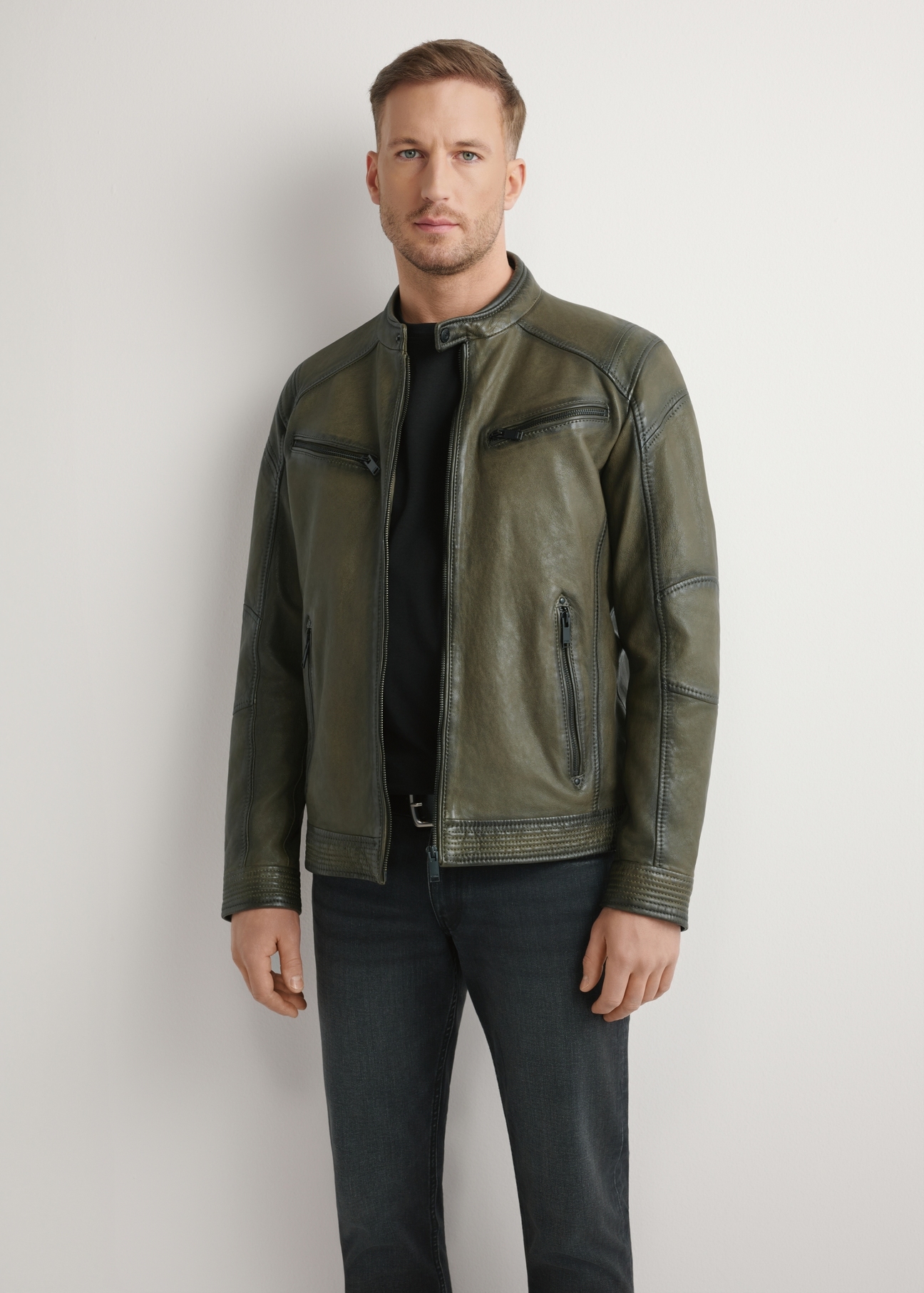 Men's Khaki Leather Jacket KURMS-0403-8D(W26) - Front product view, modeled against a light background. Knee-length silhouette visible.