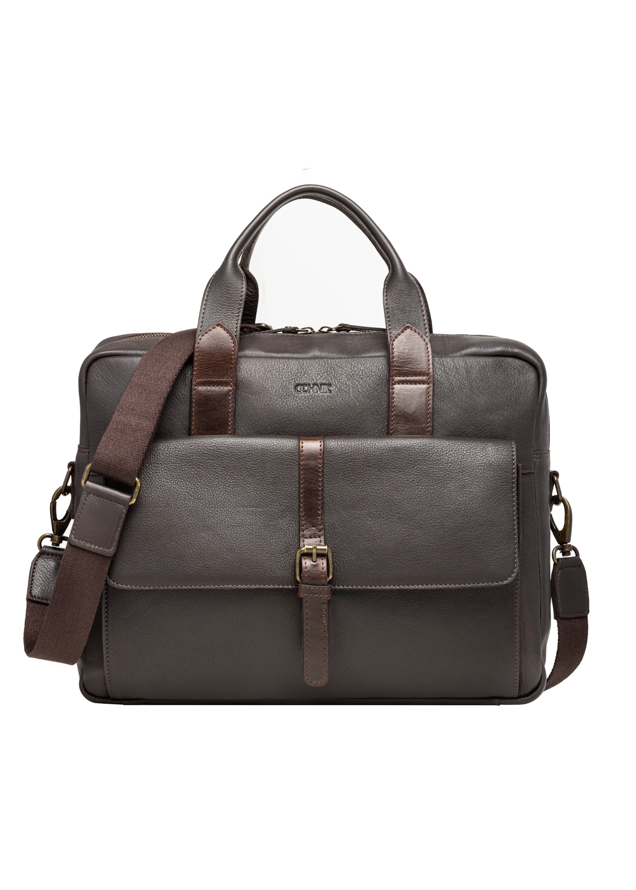 Brown leather men's laptop bag TORMS-0522-1H(Z26), front product view on white background.