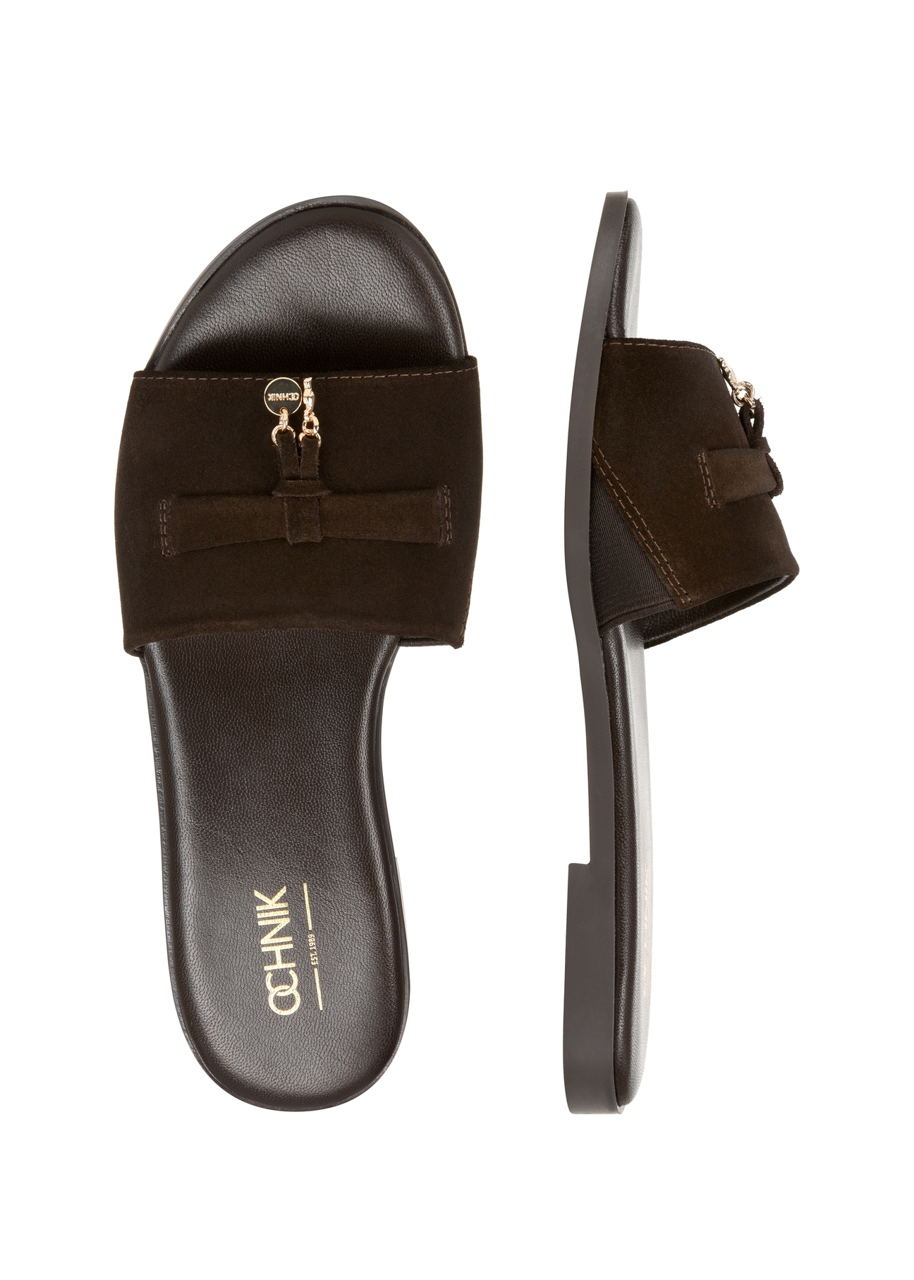 Women's suede slides in dark brown color BUTYD-1255-1I(W26), product view from above on a white background.