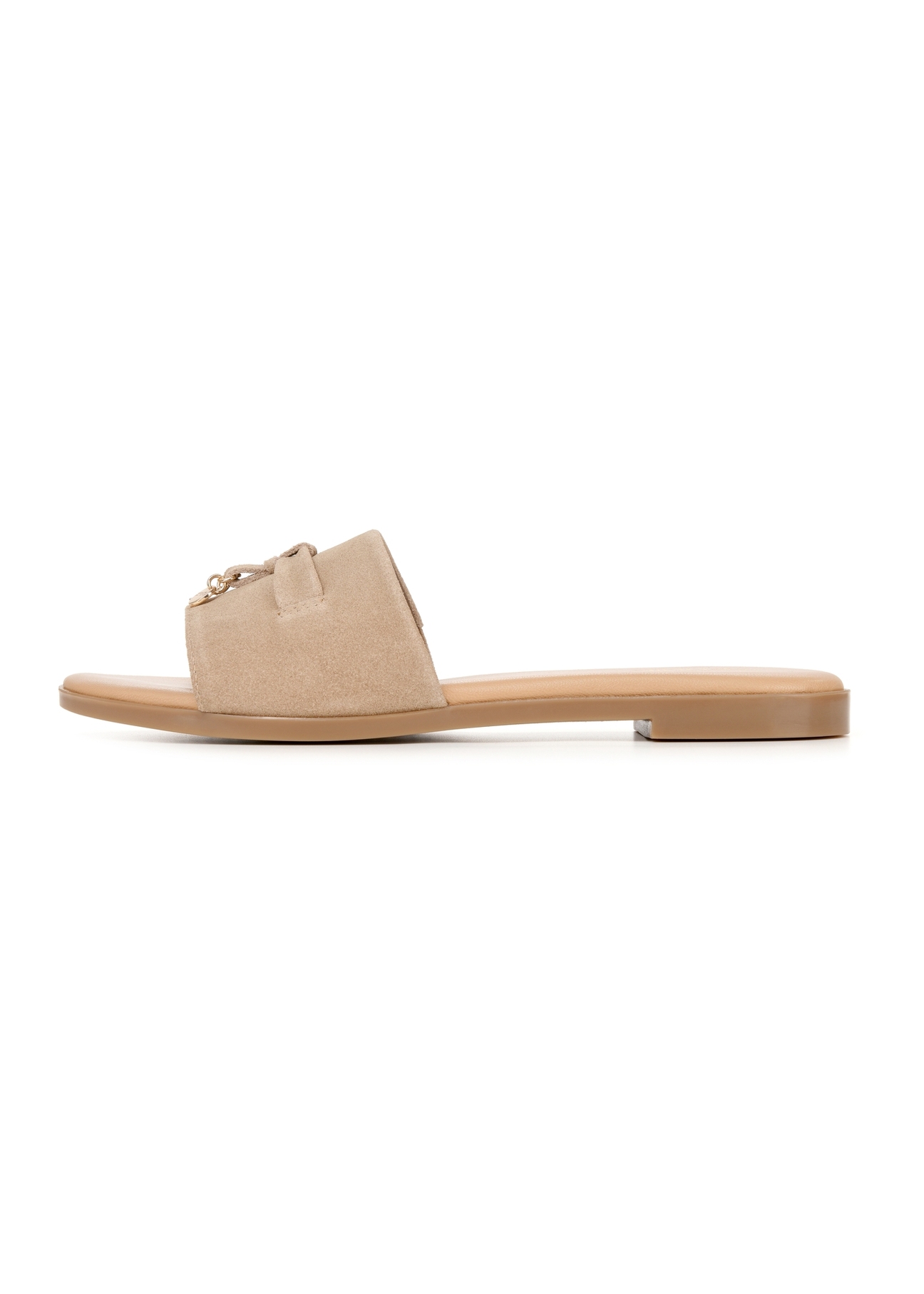 Women's suede flip-flops in cool beige color BUTYD-1255-1K(W26), side view of the product on a white background.