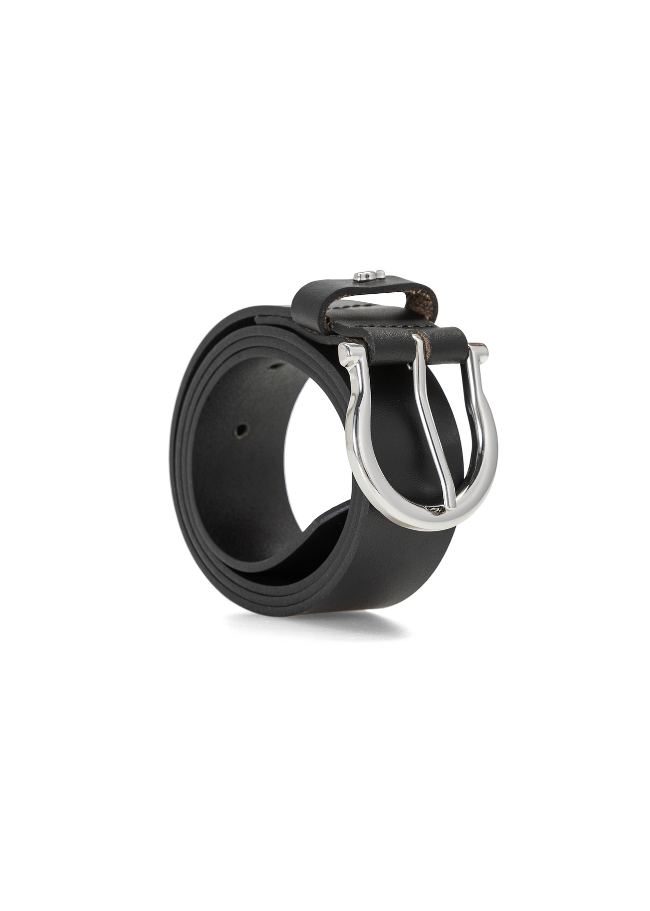 Black leather women's belt PASDS-0274-99(Z26), product view rolled diagonally on white background.