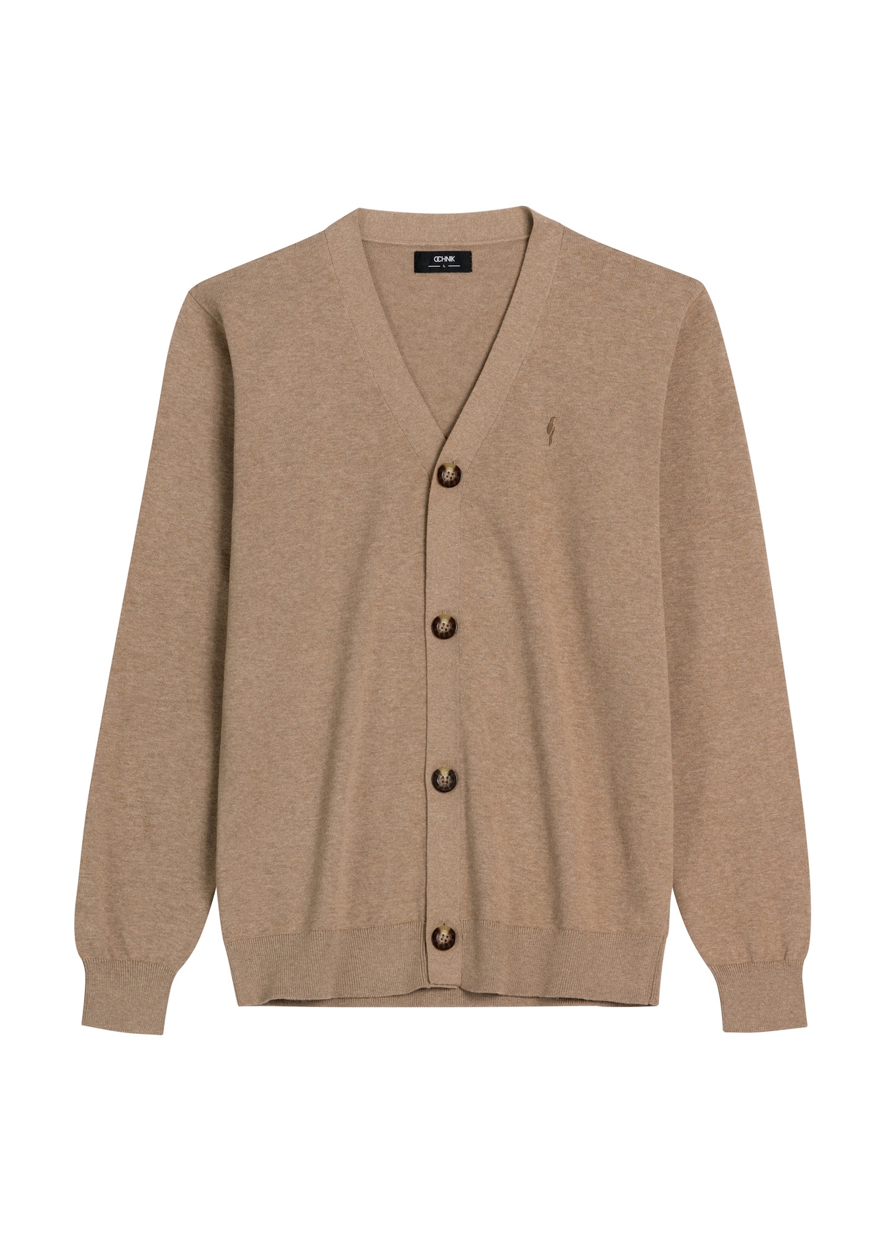 Men's cotton cardigan in camel color KARMT-0003A-1D(Z26) - front product view, on a white background.