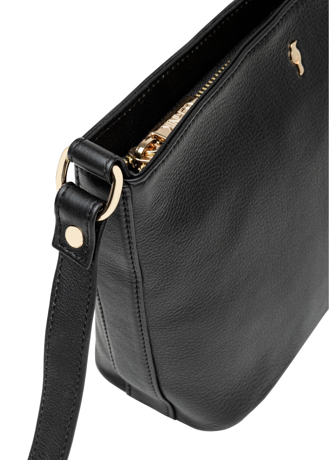 Black leather shoulder bag TORES-1280-99(W26), close-up of product detail on white background.