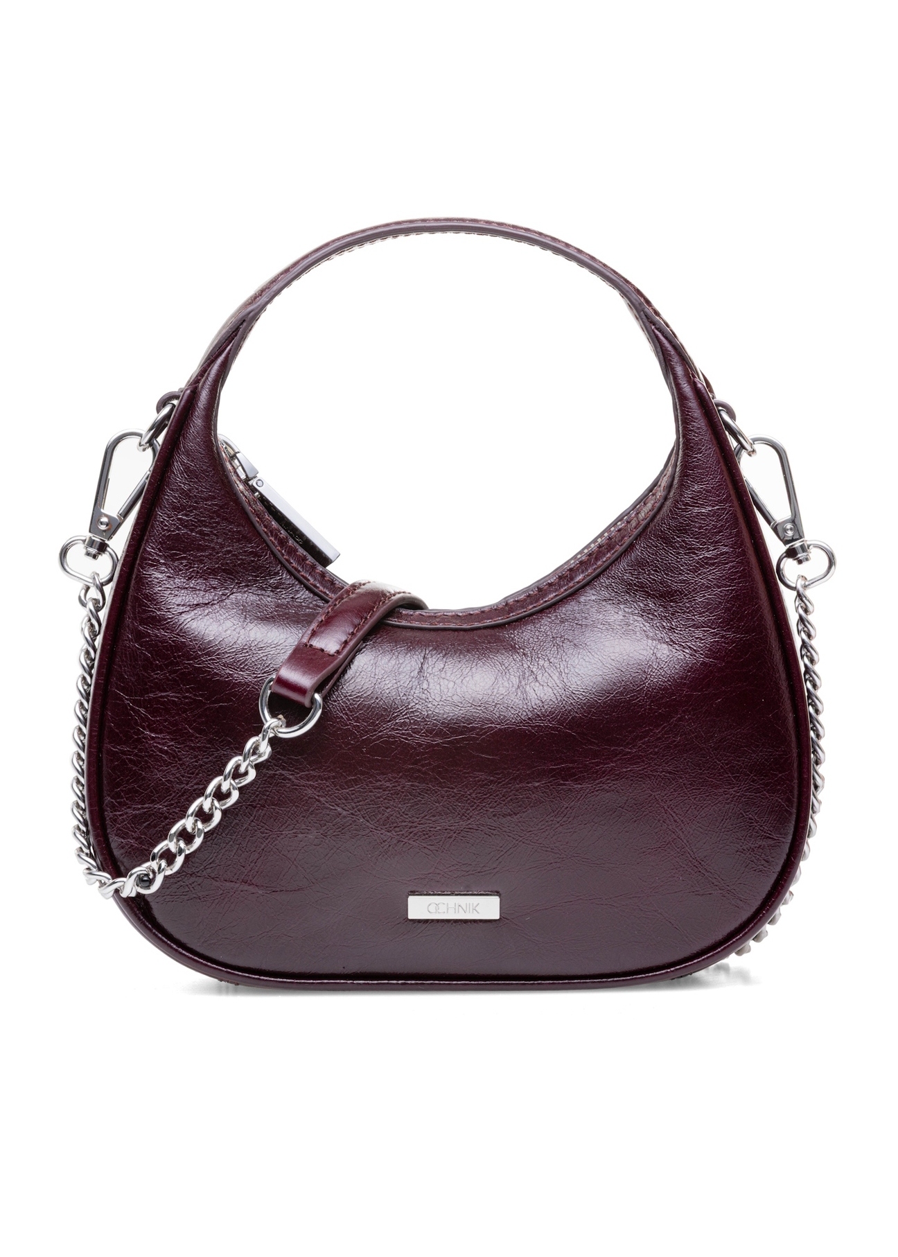 Small burgundy leather hobo bag TORES-1174-49(Z25), front product view on white background.