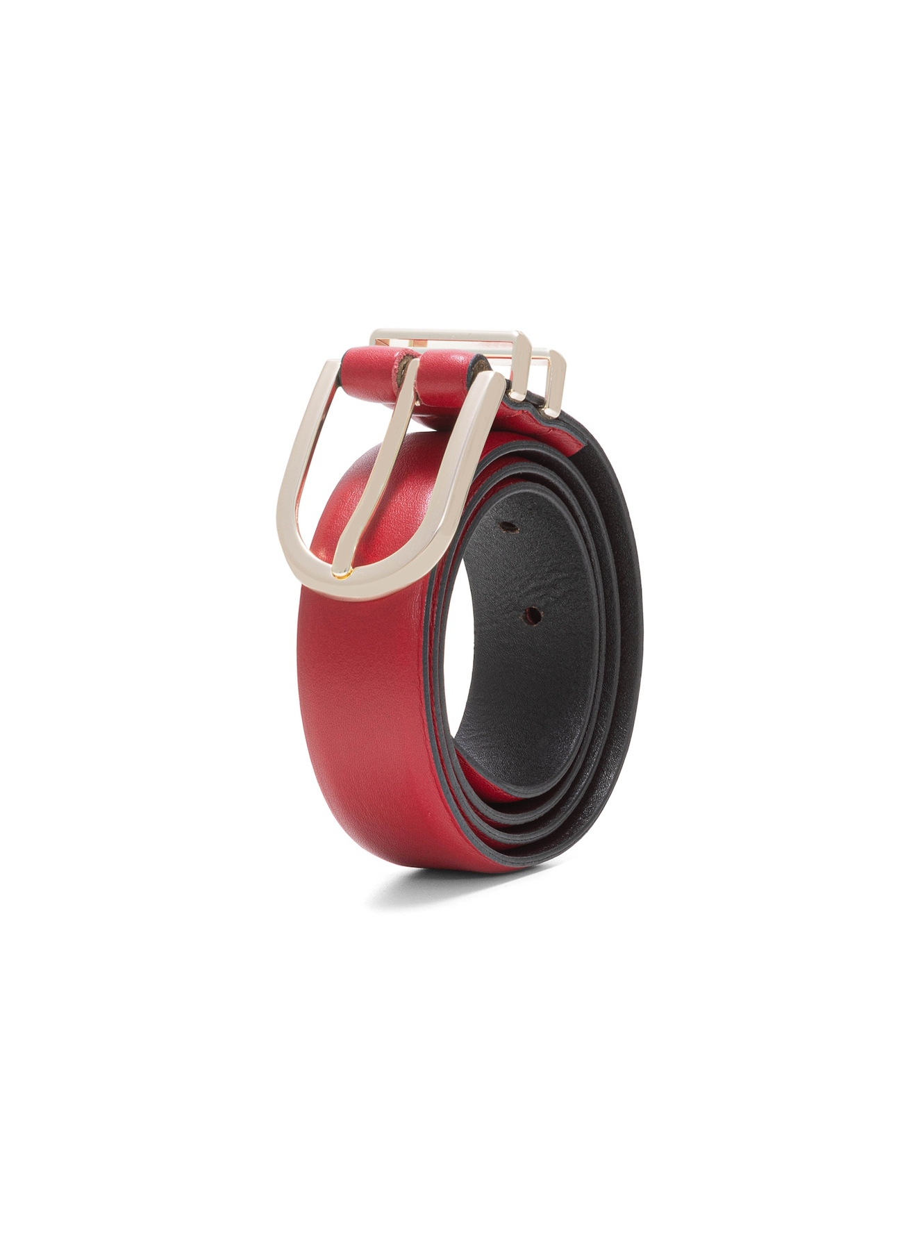 Burgundy women's leather belt PASDS-0159D-49(Z25), rolled-up product view on white background.