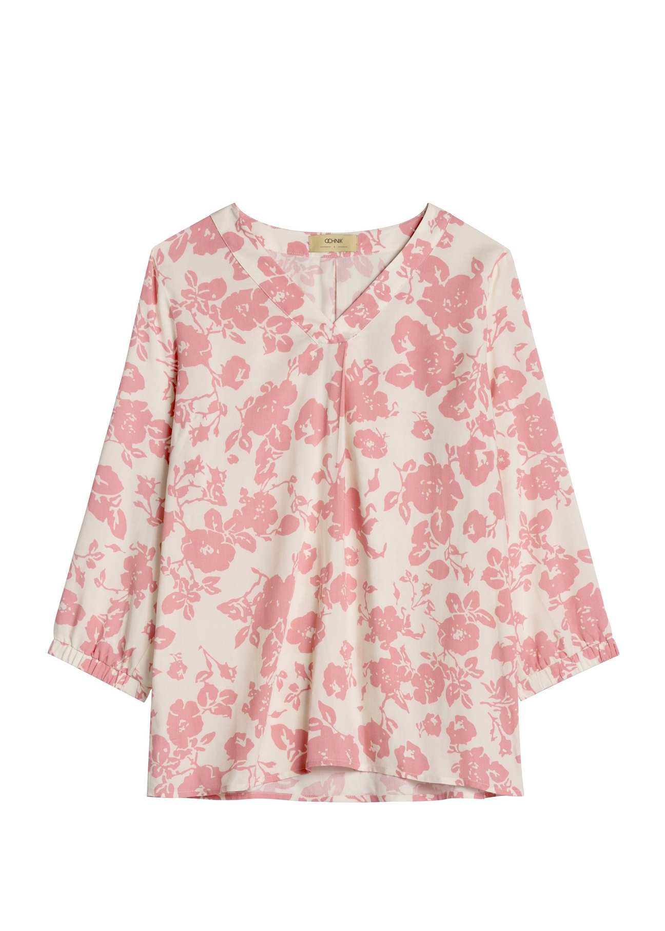 Women's blouse with pink flowers BLUDT-0172A-5P(W26) - front product view, on a white background.