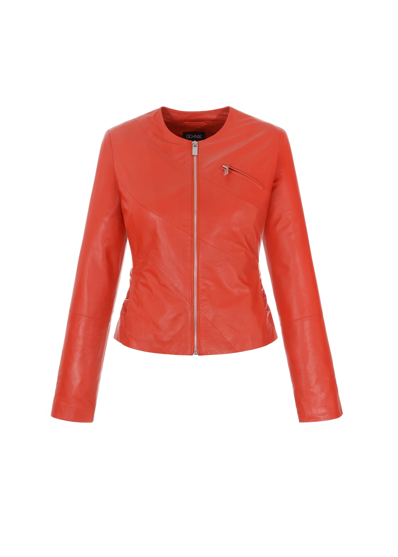 Red waisted leather jacket for women KURDS-0155-1094(W21)-02